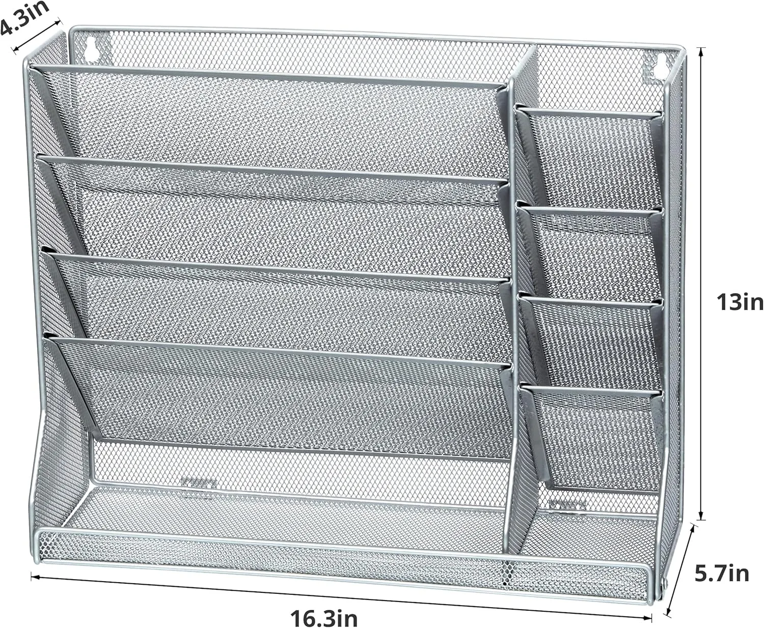 File Organizer Wall Mounted 4 Tiers Durable Adjustable Metal Vertical Hanging with 4 Pen Slots Stable R-Shaped Bottom 4 Pull-Out Devider to Sort File, Mail, Newspaper,Pen, Suitable for Office, Silver