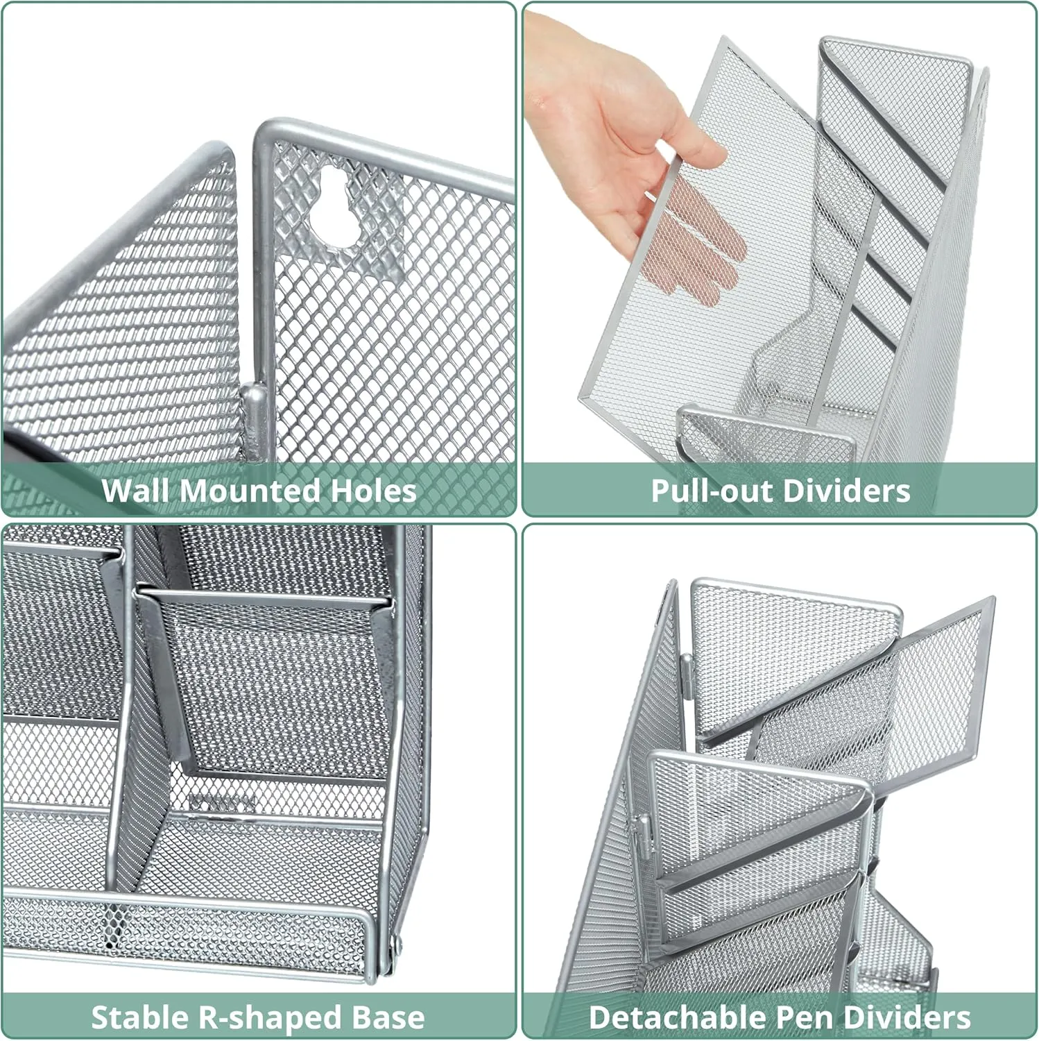 File Organizer Wall Mounted 4 Tiers Durable Adjustable Metal Vertical Hanging with 4 Pen Slots Stable R-Shaped Bottom 4 Pull-Out Devider to Sort File, Mail, Newspaper,Pen, Suitable for Office, Silver