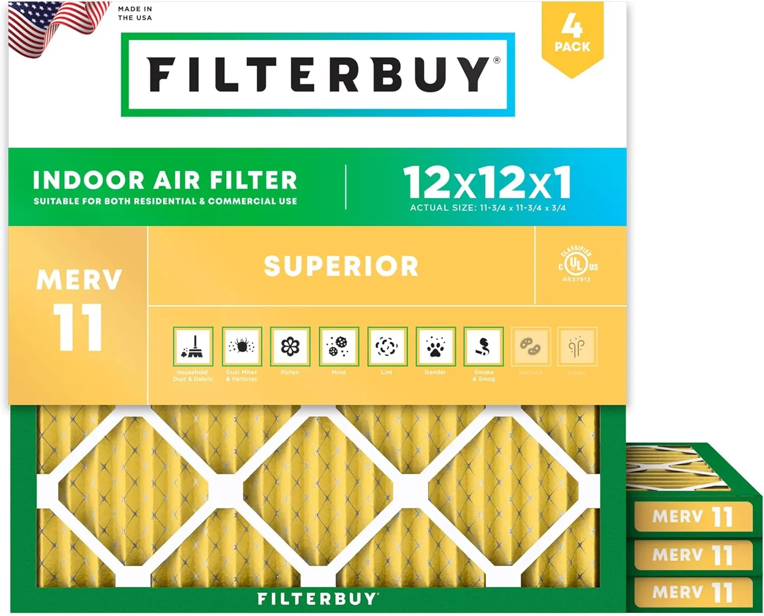 Filterbuy 12x12x1 Air Filter MERV 11 Allergen Defense (4-Pack), Pleated HVAC AC Furnace Air Filters Replacement (Actual Size: 11.75 x 11.75 x 0.75 Inches)