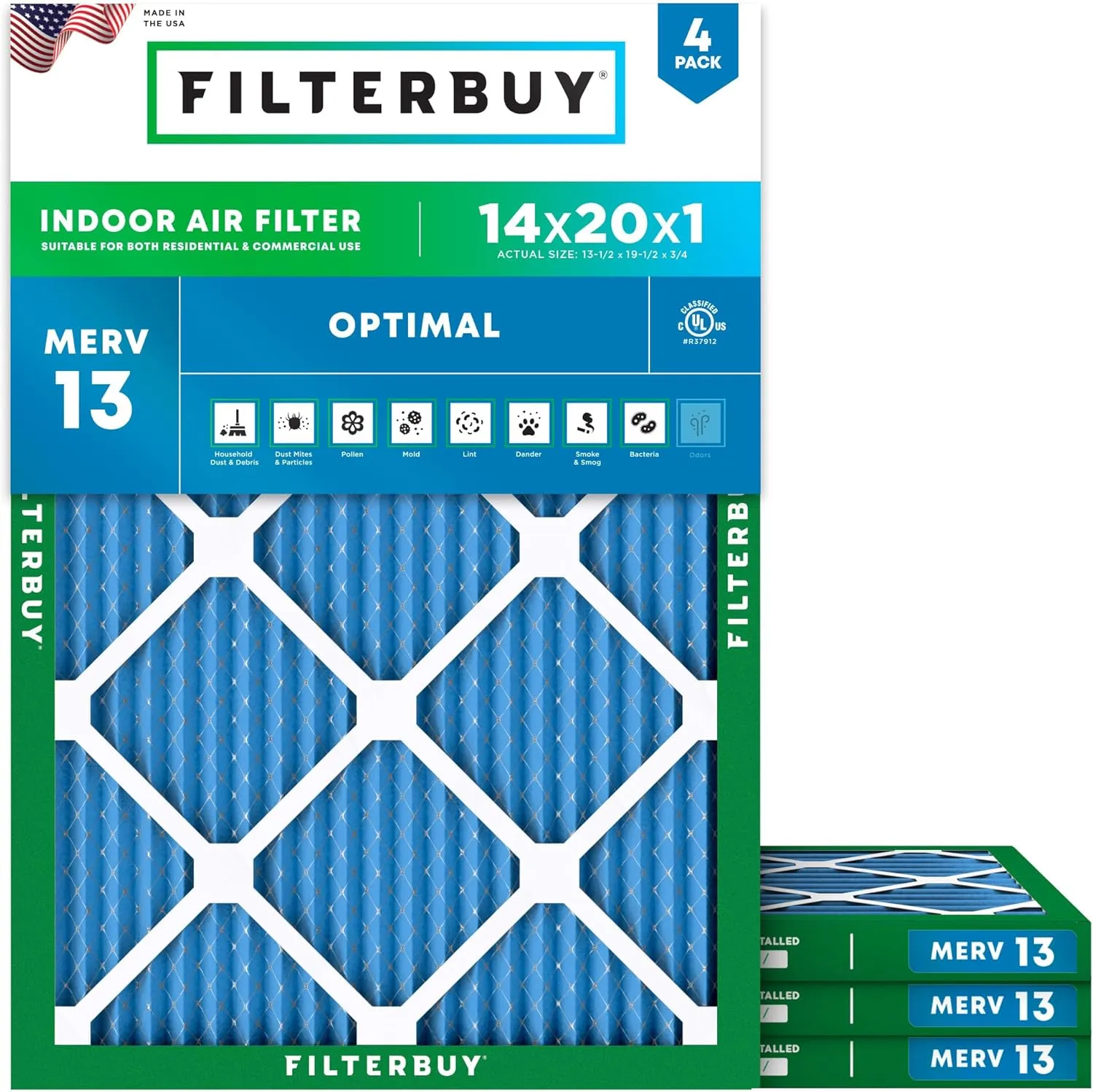 Filterbuy 14x20x1 Air Filter MERV 13 Optimal Defense (4-Pack), Pleated HVAC AC Furnace Air Filters Replacement (Actual Size: 13.50 x 19.50 x 0.75 Inches)