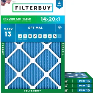 Filterbuy 14x20x1 Air Filter MERV 13 Optimal Defense (4-Pack), Pleated HVAC AC Furnace Air Filters Replacement (Actual Size: 13.50 x 19.50 x 0.75 Inches)
