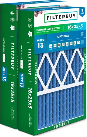 Filterbuy 16x25x5 Air Filter MERV 13 Optimal Defense (2-Pack), Pleated HVAC AC Furnace Air Filters for Honeywell FC100A1029, Lennox X6670, Carrier, & More (Actual Size: 15.75 x 24.75 x 4.38 Inches)