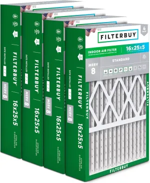 Filterbuy 16x25x5 Air Filter MERV 8 Dust Defense (4-Pack), Pleated HVAC AC Furnace Air Filters for Honeywell FC100A1029, Lennox X6670, Carrier, & More (Actual Size: 15.75 x 24.75 x 4.38 Inches)