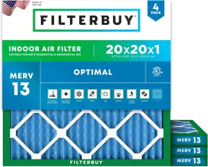 Filterbuy 20x20x1 Air Filter MERV 13 Optimal Defense (4-Pack), Pleated HVAC AC Furnace Air Filters Replacement (Actual Size: 19.50 x 19.50 x 0.75 Inches)