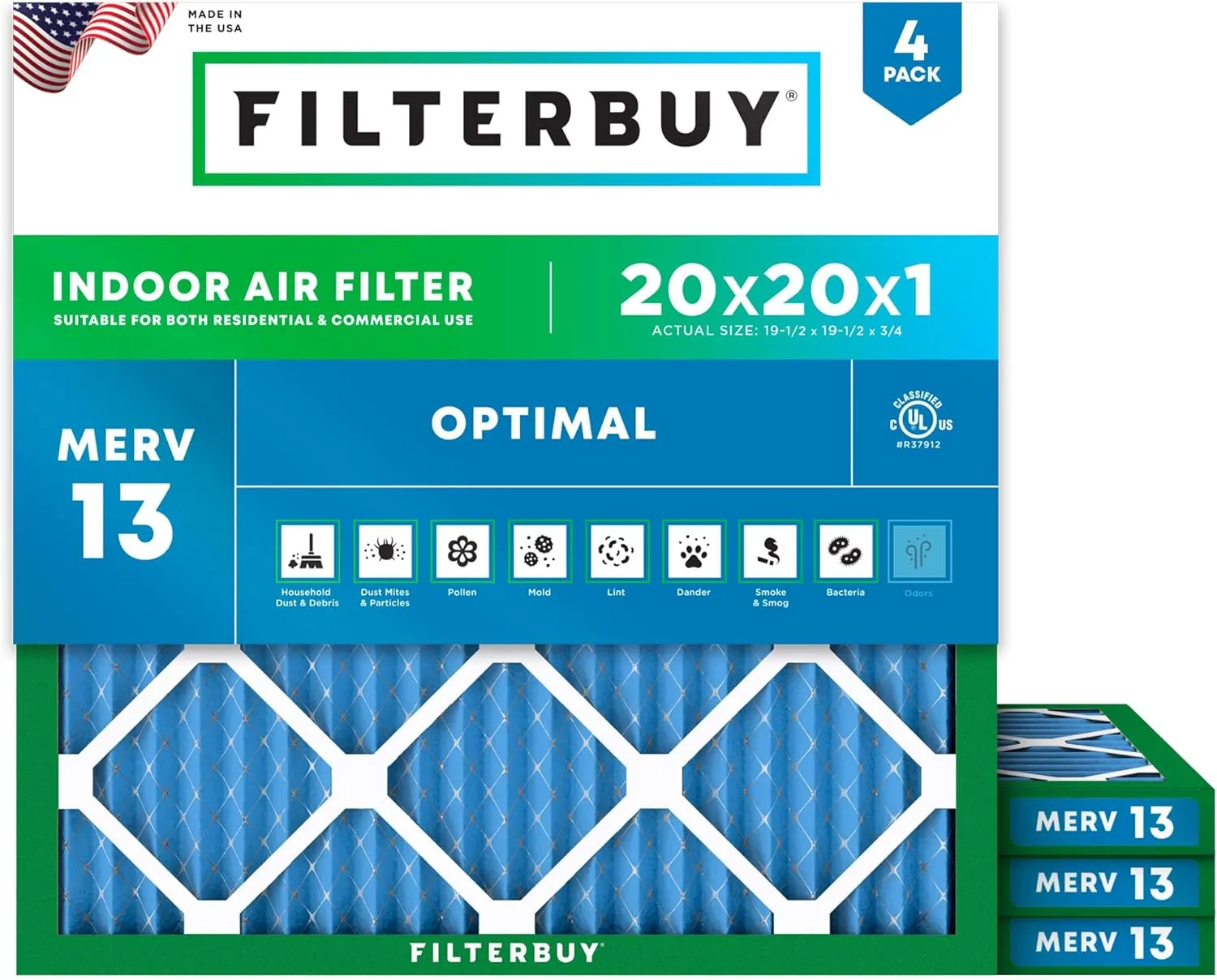 Filterbuy 20x20x1 Air Filter MERV 13 Optimal Defense (4-Pack), Pleated HVAC AC Furnace Air Filters Replacement (Actual Size: 19.50 x 19.50 x 0.75 Inches)