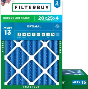 Filterbuy 20x25x4 Air Filter MERV 13 Optimal Defense (2-Pack), Pleated HVAC AC Furnace Air Filters Replacement (Actual Size: 19.50 x 24.50 x 3.63 Inches)