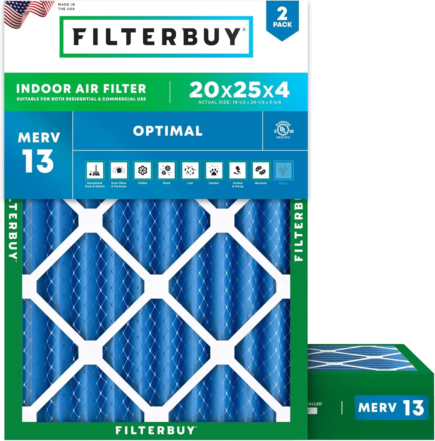 Filterbuy 20x25x4 Air Filter MERV 13 Optimal Defense (2-Pack), Pleated HVAC AC Furnace Air Filters Replacement (Actual Size: 19.50 x 24.50 x 3.63 Inches)