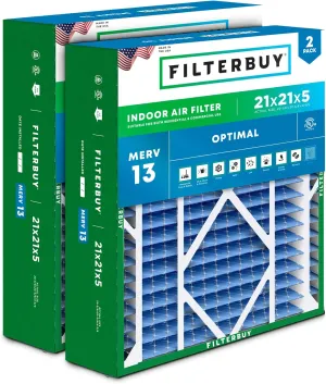 Filterbuy 21x21x5 Air Filter MERV 13 Optimal Defense (2-Pack), Pleated HVAC AC Furnace Air Filters Replacement for Rheem, Ruud, and Protech (Actual Size: 20.63 x 20.63 x 4.38 Inches)