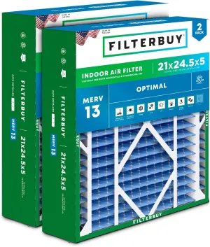 Filterbuy 21x24.5x5 Air Filter MERV 13 Optimal Defense (2-Pack), Pleated HVAC AC Furnace Air Filters Replacement for Rheem, Ruud, and Protech (Actual Size: 20.63 x 24.13 x 4.38 Inches)