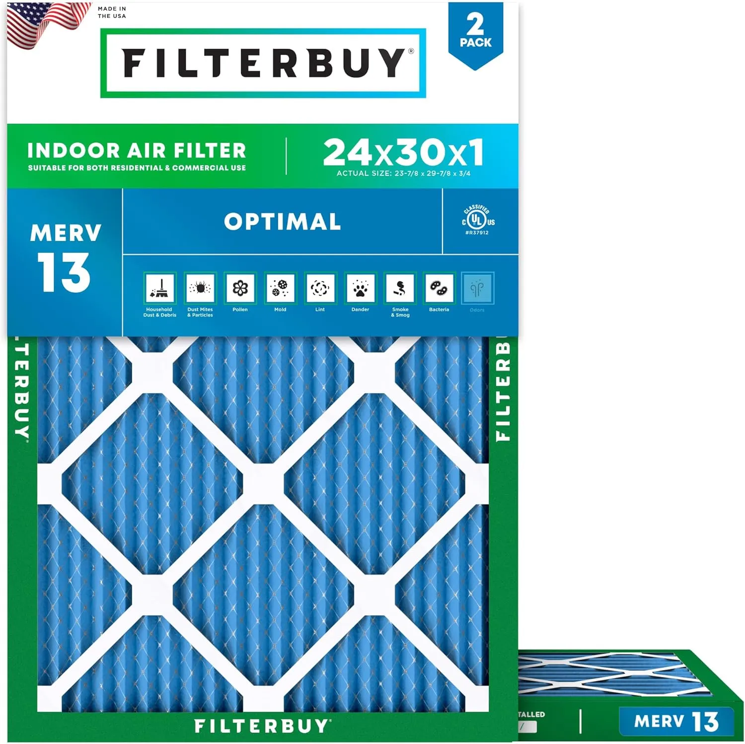Filterbuy 24x30x1 Air Filter MERV 13 Optimal Defense (2-Pack), Pleated HVAC AC Furnace Air Filters Replacement (Actual Size: 23.88 x 29.88 x 0.75 Inches)