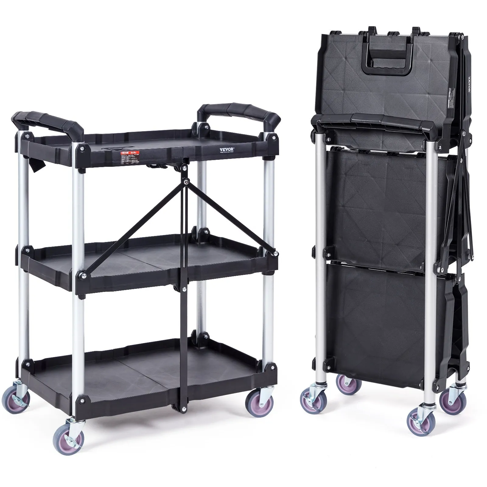 (FINAL PRICES ARE LOWER ON OUR SITE!) VEVOR Foldable Utility Service Cart, 3 Shelf 165LBS Heavy Duty Plastic Rolling Cart with Lockable Wheels, Ergonomic Handle, Portable Garage Tool Cart for Warehouse/Office/Home(25.62"x15.43"x32.76")