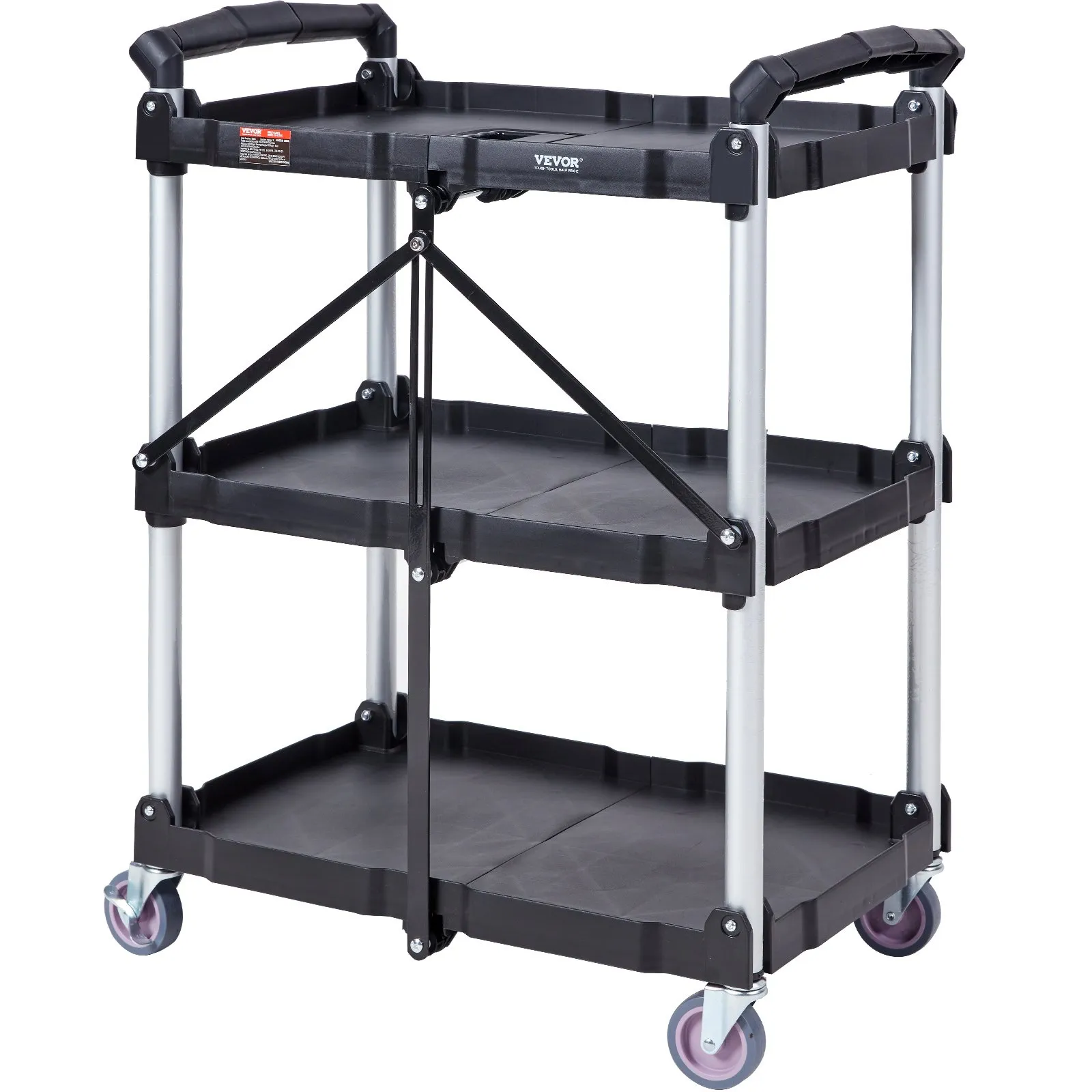 (FINAL PRICES ARE LOWER ON OUR SITE!) VEVOR Foldable Utility Service Cart, 3 Shelf 165LBS Heavy Duty Plastic Rolling Cart with Lockable Wheels, Ergonomic Handle, Portable Garage Tool Cart for Warehouse/Office/Home(25.62"x15.43"x32.76")