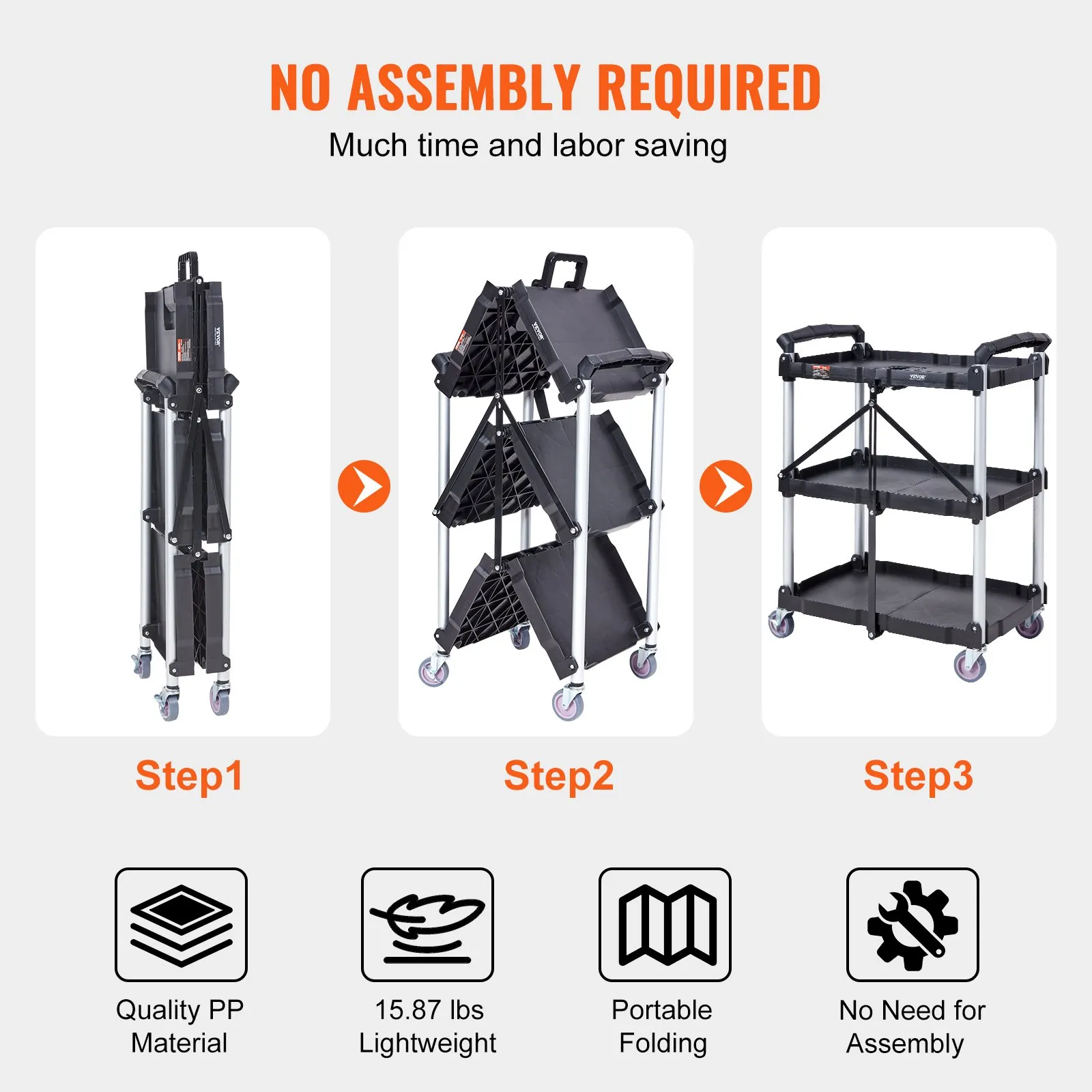 (FINAL PRICES ARE LOWER ON OUR SITE!) VEVOR Foldable Utility Service Cart, 3 Shelf 165LBS Heavy Duty Plastic Rolling Cart with Lockable Wheels, Ergonomic Handle, Portable Garage Tool Cart for Warehouse/Office/Home(25.62"x15.43"x32.76")