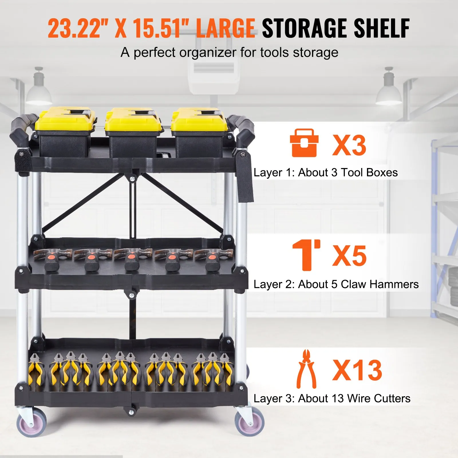 (FINAL PRICES ARE LOWER ON OUR SITE!) VEVOR Foldable Utility Service Cart, 3 Shelf 165LBS Heavy Duty Plastic Rolling Cart with Lockable Wheels, Ergonomic Handle, Portable Garage Tool Cart for Warehouse/Office/Home(25.62"x15.43"x32.76")