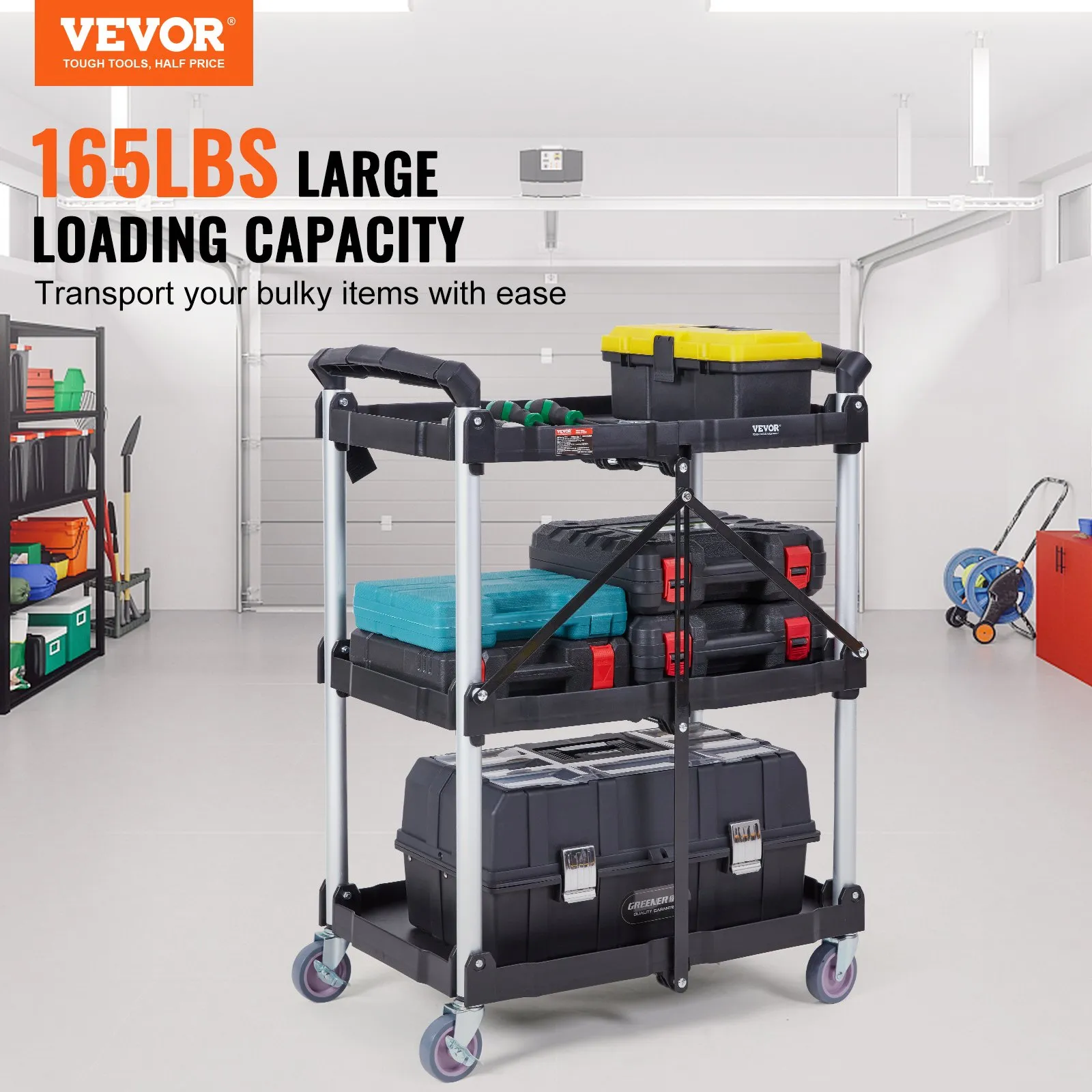 (FINAL PRICES ARE LOWER ON OUR SITE!) VEVOR Foldable Utility Service Cart, 3 Shelf 165LBS Heavy Duty Plastic Rolling Cart with Lockable Wheels, Ergonomic Handle, Portable Garage Tool Cart for Warehouse/Office/Home(25.62"x15.43"x32.76")