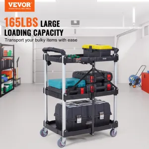 (FINAL PRICES ARE LOWER ON OUR SITE!) VEVOR Foldable Utility Service Cart, 3 Shelf 165LBS Heavy Duty Plastic Rolling Cart with Lockable Wheels, Ergonomic Handle, Portable Garage Tool Cart for Warehouse/Office/Home(25.62"x15.43"x32.76")