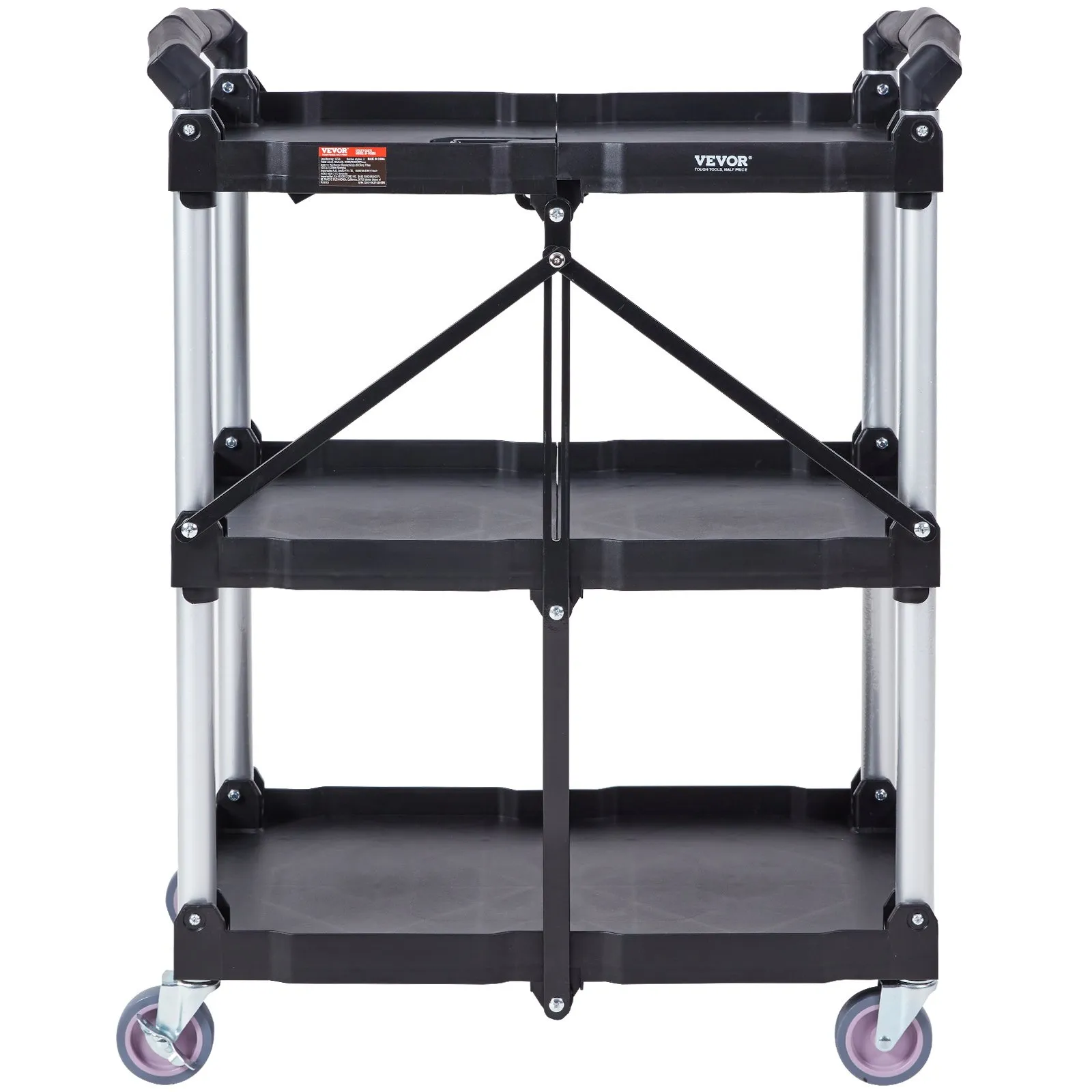 (FINAL PRICES ARE LOWER ON OUR SITE!) VEVOR Foldable Utility Service Cart, 3 Shelf 165LBS Heavy Duty Plastic Rolling Cart with Lockable Wheels, Ergonomic Handle, Portable Garage Tool Cart for Warehouse/Office/Home(25.62"x15.43"x32.76")
