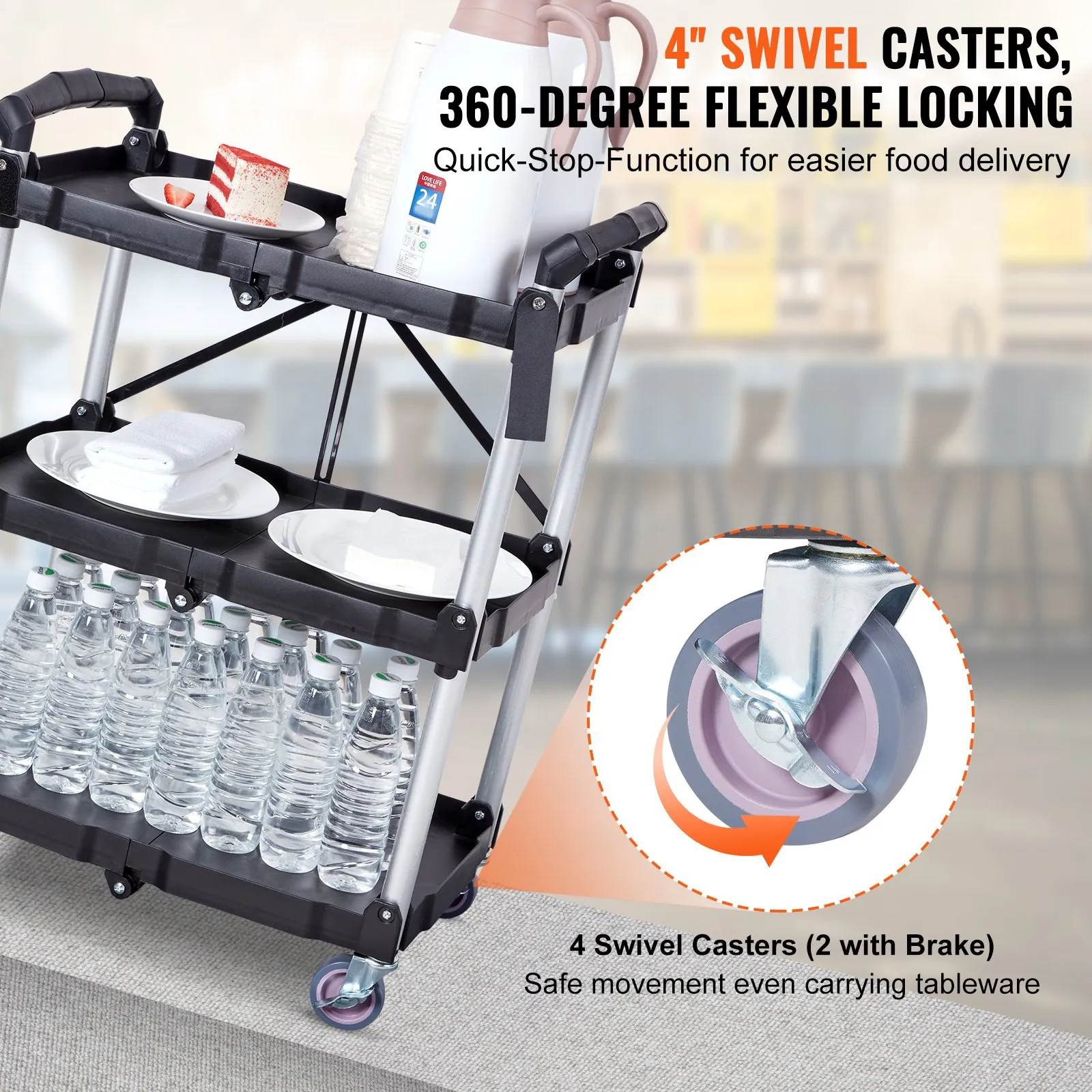 (FINAL PRICES ARE LOWER ON OUR SITE!) VEVOR Foldable Utility Service Cart, 3 Shelf 165LBS Heavy Duty Plastic Rolling Cart with Lockable Wheels, Ergonomic Handle, Portable Garage Tool Cart for Warehouse/Office/Home(25.62"x15.43"x32.76")
