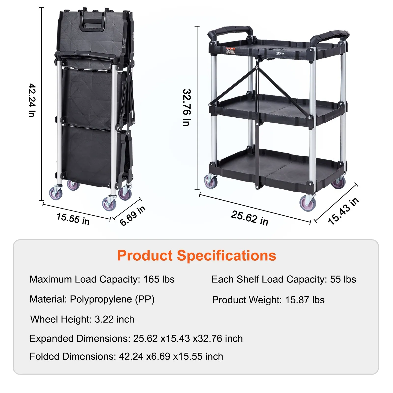 (FINAL PRICES ARE LOWER ON OUR SITE!) VEVOR Foldable Utility Service Cart, 3 Shelf 165LBS Heavy Duty Plastic Rolling Cart with Lockable Wheels, Ergonomic Handle, Portable Garage Tool Cart for Warehouse/Office/Home(25.62"x15.43"x32.76")
