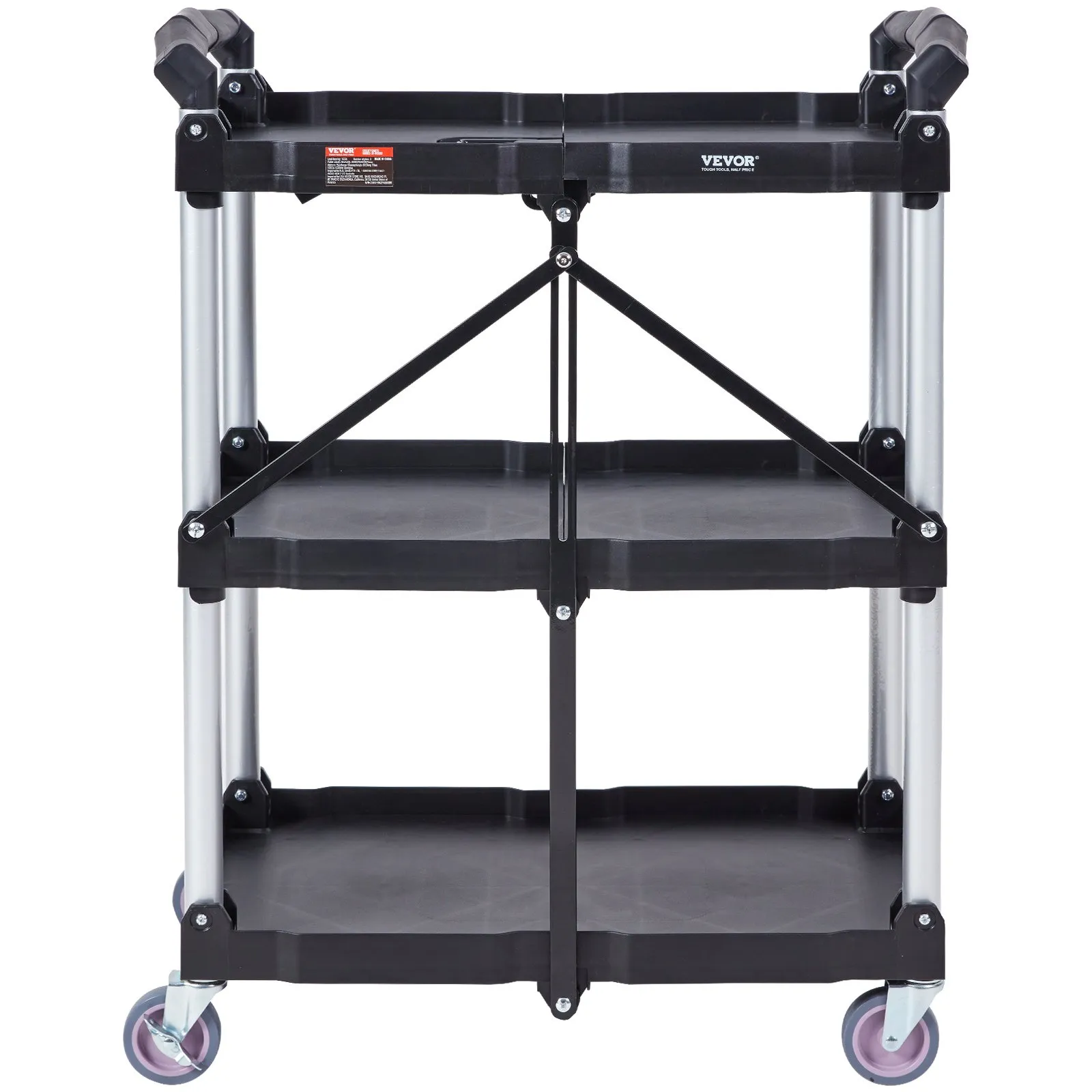 (FINAL PRICES ARE LOWER ON OUR SITE!) VEVOR Foldable Utility Service Cart, 3 Shelf 165LBS Heavy Duty Plastic Rolling Cart with Lockable Wheels, Ergonomic Handle, Portable Garage Tool Cart for Warehouse/Office/Home(25.62"x15.43"x32.76")