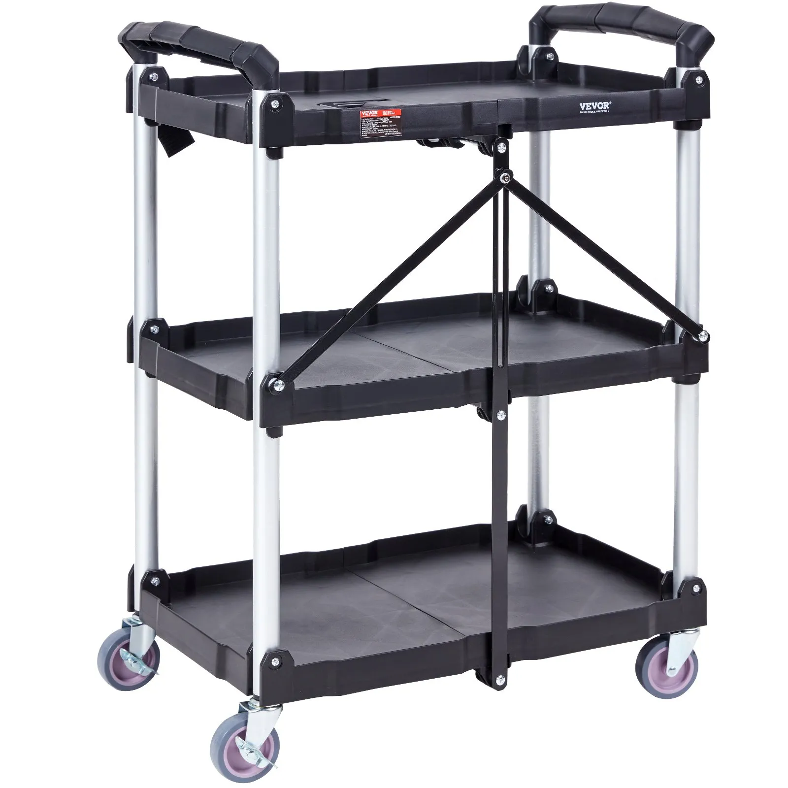 (FINAL PRICES ARE LOWER ON OUR SITE!) VEVOR Foldable Utility Service Cart, 3 Shelf 165LBS Heavy Duty Plastic Rolling Cart with Lockable Wheels, Ergonomic Handle, Portable Garage Tool Cart for Warehouse/Office/Home(25.62"x15.43"x32.76")