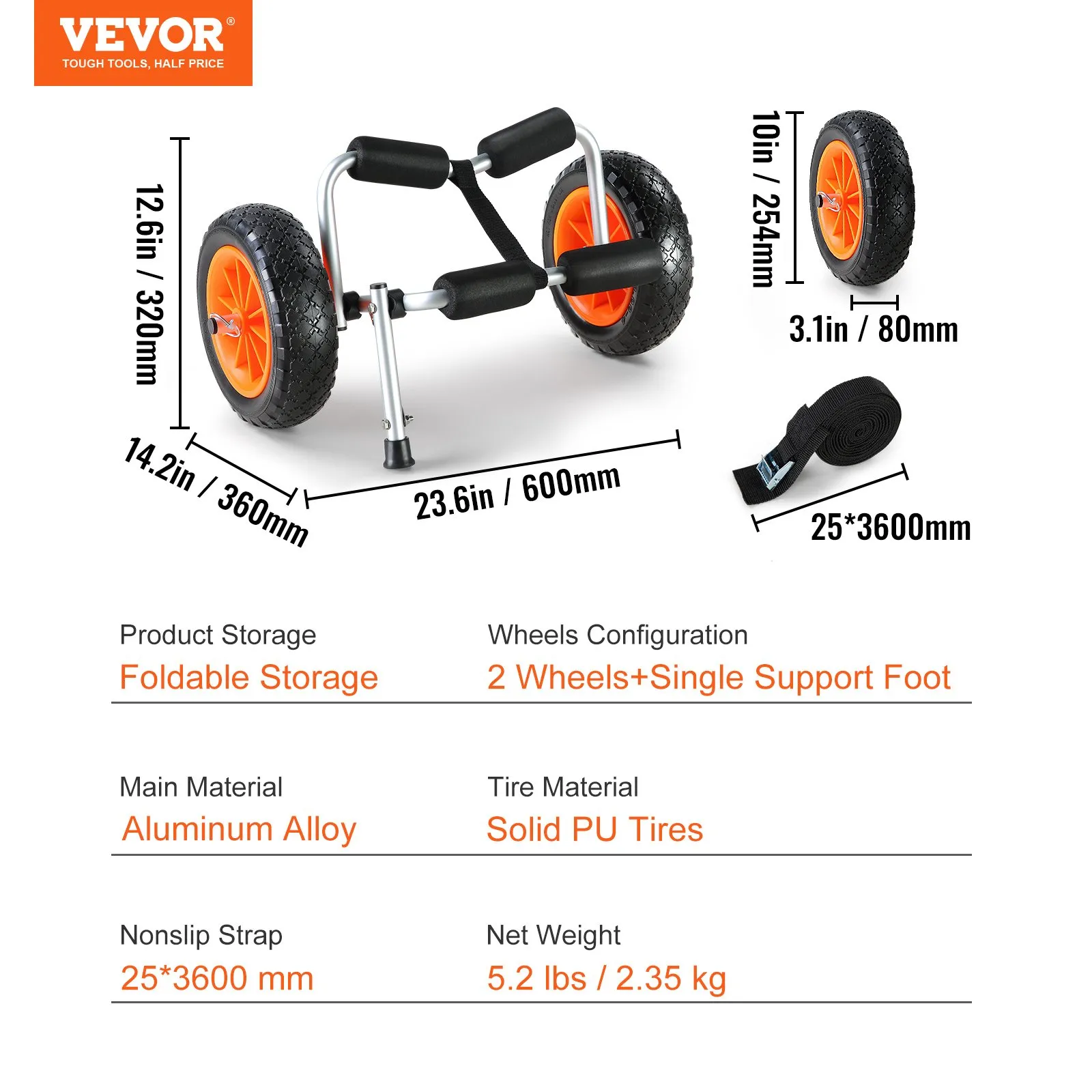 (FINAL PRICES ARE LOWER ON OUR SITE!) VEVOR Heavy Duty Kayak Cart, 250lbs Load Capacity, Foldable Canoe Trolley Cart with 10'' Solid Tires, Nonslip Support Foot & Tie-Down Strap, for Kayaks Canoes Paddleboards Float Mats Jon Boats