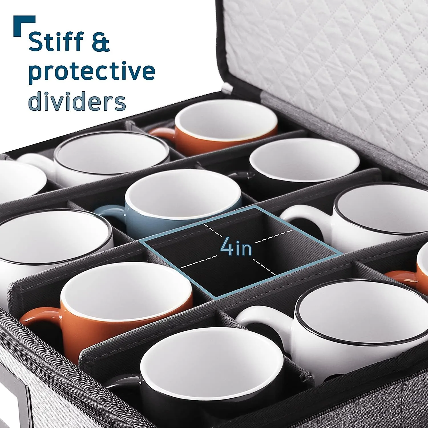 Fine China Hard Shell Dish Organizer - 5 Piece Stackable Mug and Plate Storage Containers with Dividers for Moving and Seasonal Storage, Grey