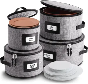 Fine China Storage Containers Hard Shell, 4 Piece Dish Storage Containers, Quilted Plate Storage Containers, Stackable Dish Organizer with Dividers, Dinnerware Storage for Moving and Seasonal Storage