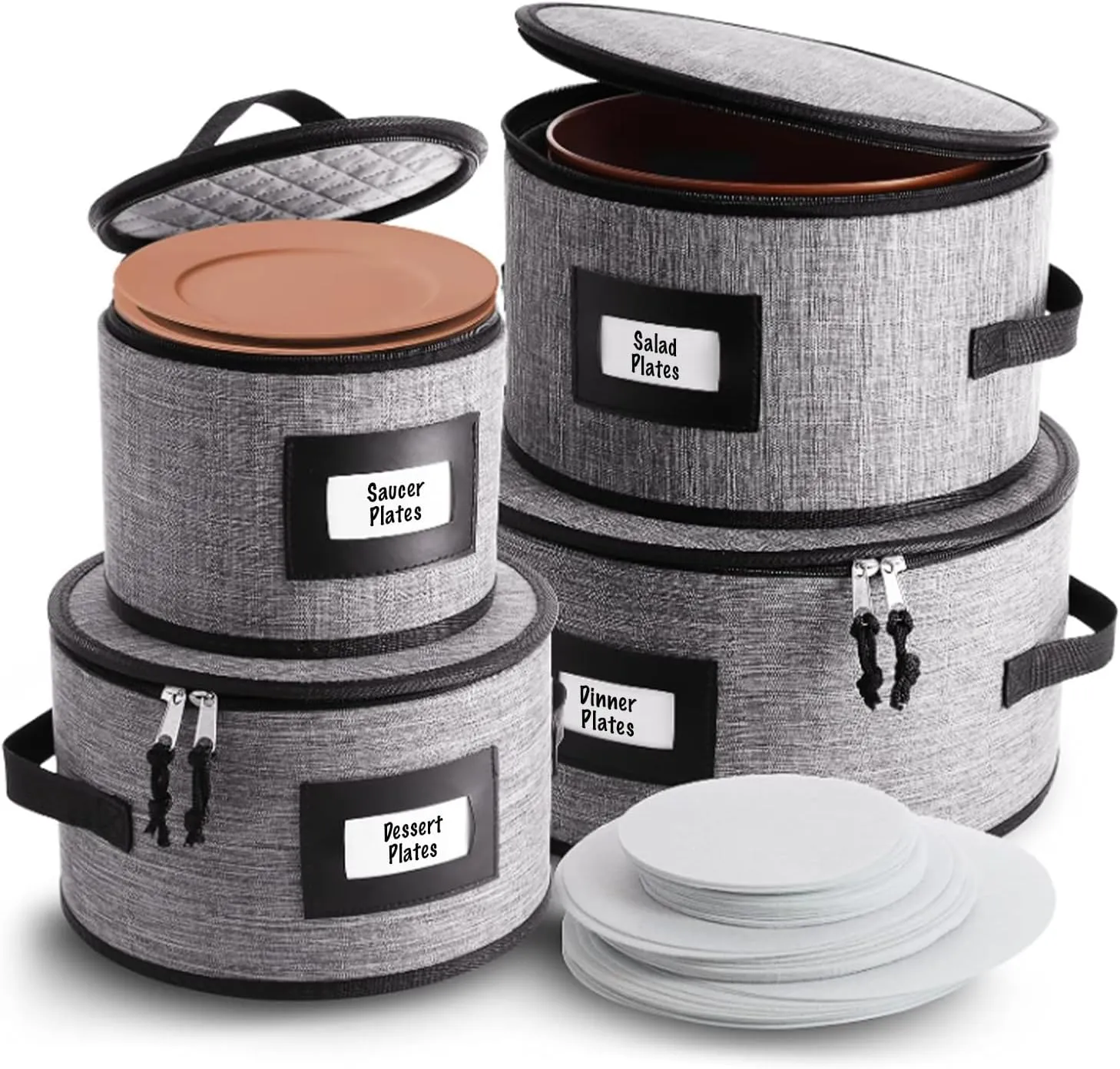 Fine China Storage Containers Hard Shell, 4 Piece Dish Storage Containers, Quilted Plate Storage Containers, Stackable Dish Organizer with Dividers, Dinnerware Storage for Moving and Seasonal Storage