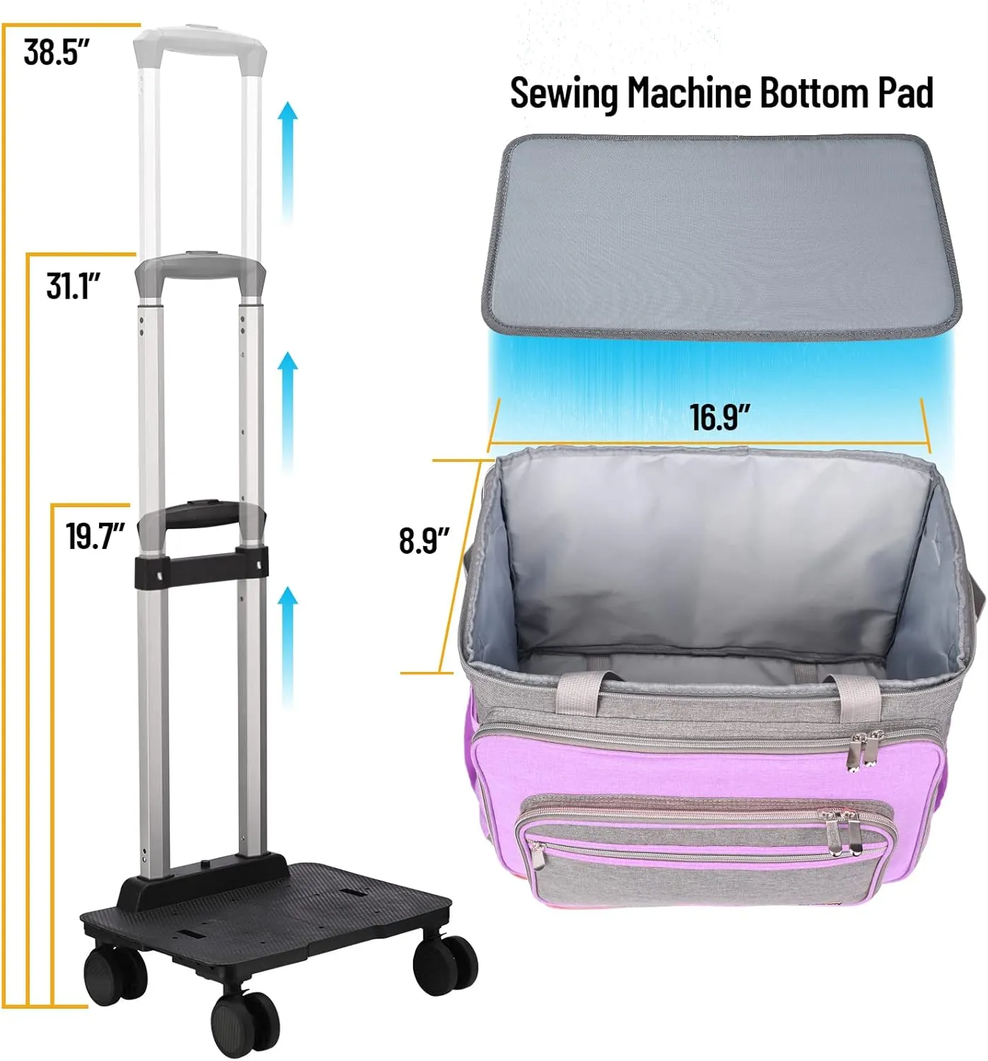 FINESUN Sewing Machine Case with Wheels, Foldable Deluxe Rolling Sewing Machine Carrying Bag for Brother, Singer, Bernina and Most Machines,purple-grey