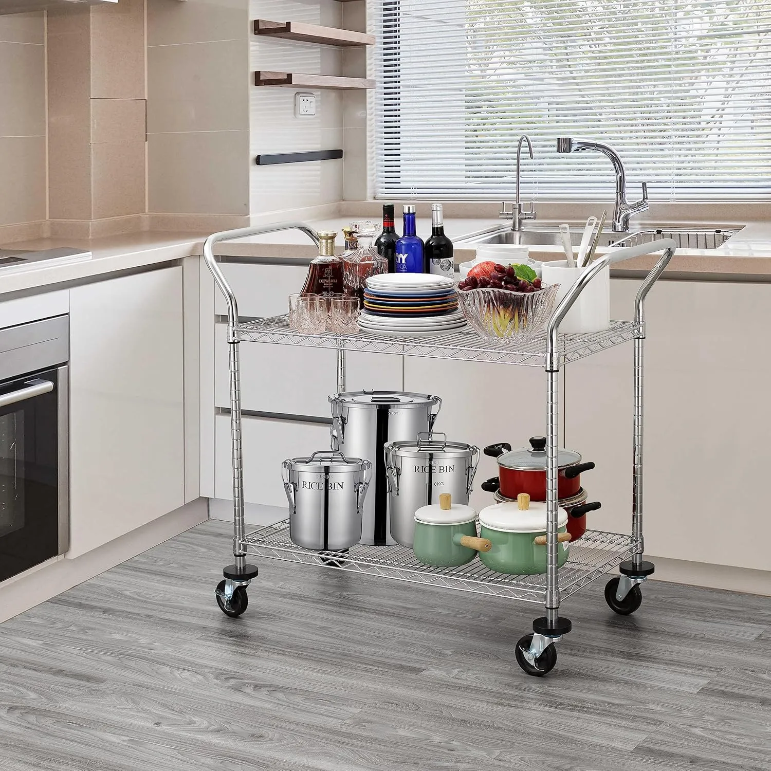 Finnhomy 2-Tier Commercial Grade Rolling Cart, Heavy Duty Utility Cart, Carts with Wheels and Handles, Kitchen Cart on Wheels, Metal Serving Cart with 500 lbs Capacity, Shelf Size 20" D x 36" W, NSF