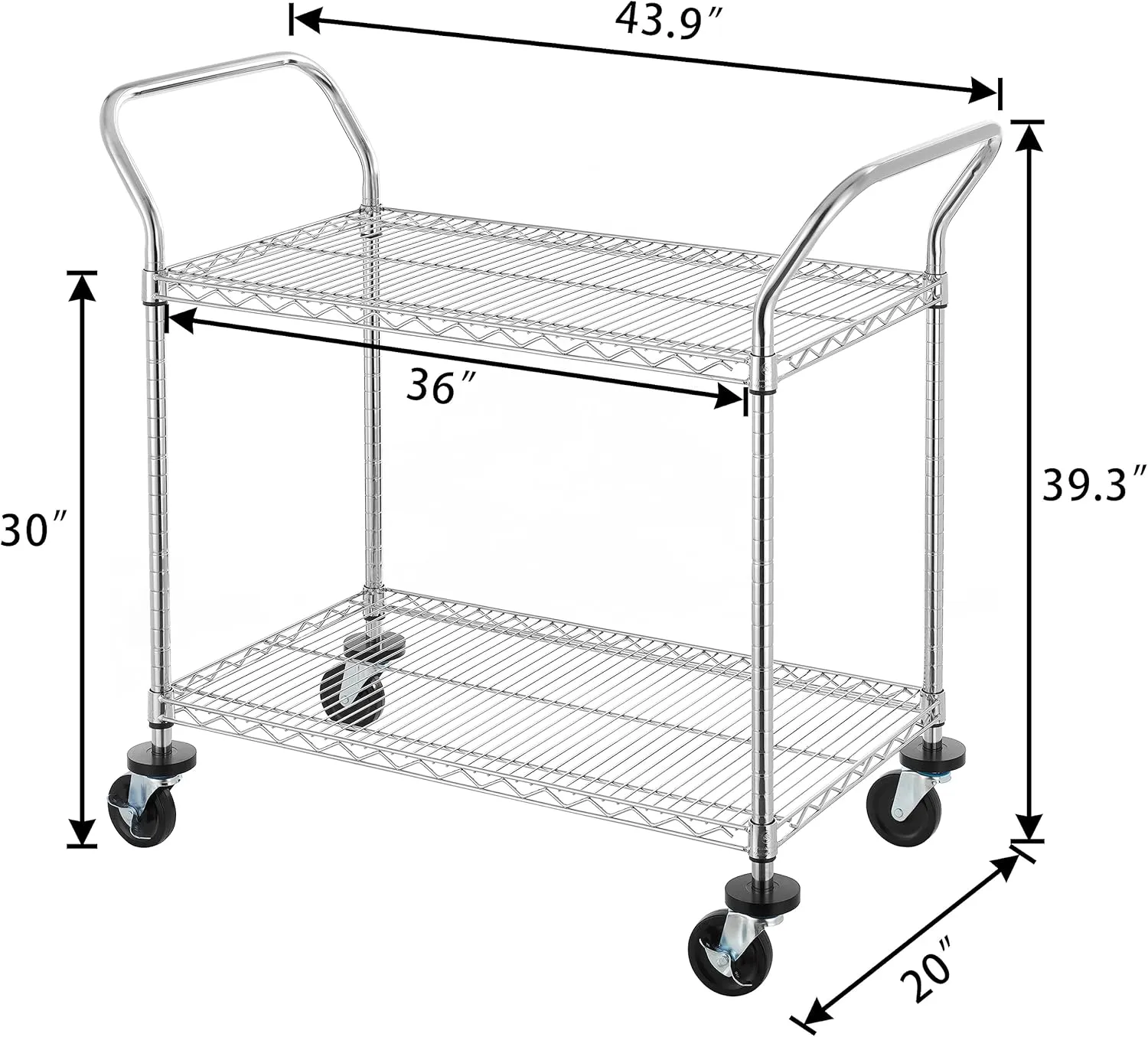 Finnhomy 2-Tier Commercial Grade Rolling Cart, Heavy Duty Utility Cart, Carts with Wheels and Handles, Kitchen Cart on Wheels, Metal Serving Cart with 500 lbs Capacity, Shelf Size 20" D x 36" W, NSF