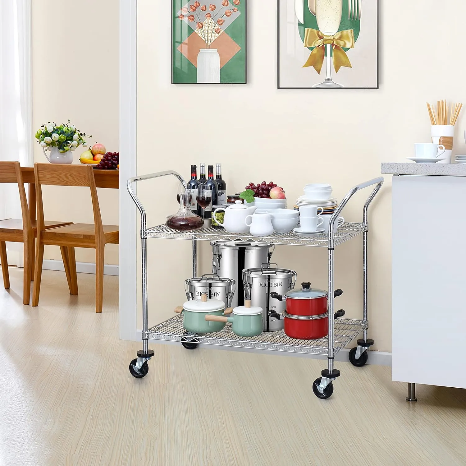 Finnhomy 2-Tier Commercial Grade Rolling Cart, Heavy Duty Utility Cart, Carts with Wheels and Handles, Kitchen Carts on Wheels, Metal Cart with 600 lbs Capacity, Shelf Size 24" D x 40" W, NSF