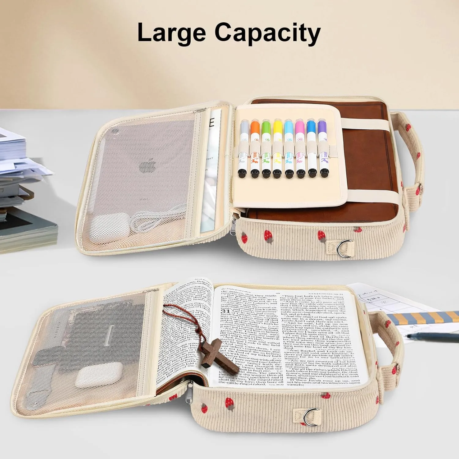 FINPAC Large Bible Cover w/Shoulder Strap, Carrying Book Case Church Bag Bible Protective w/Pen Slots and Zippered Pocket, Gift for Women Lady, Corduroy Strawberry