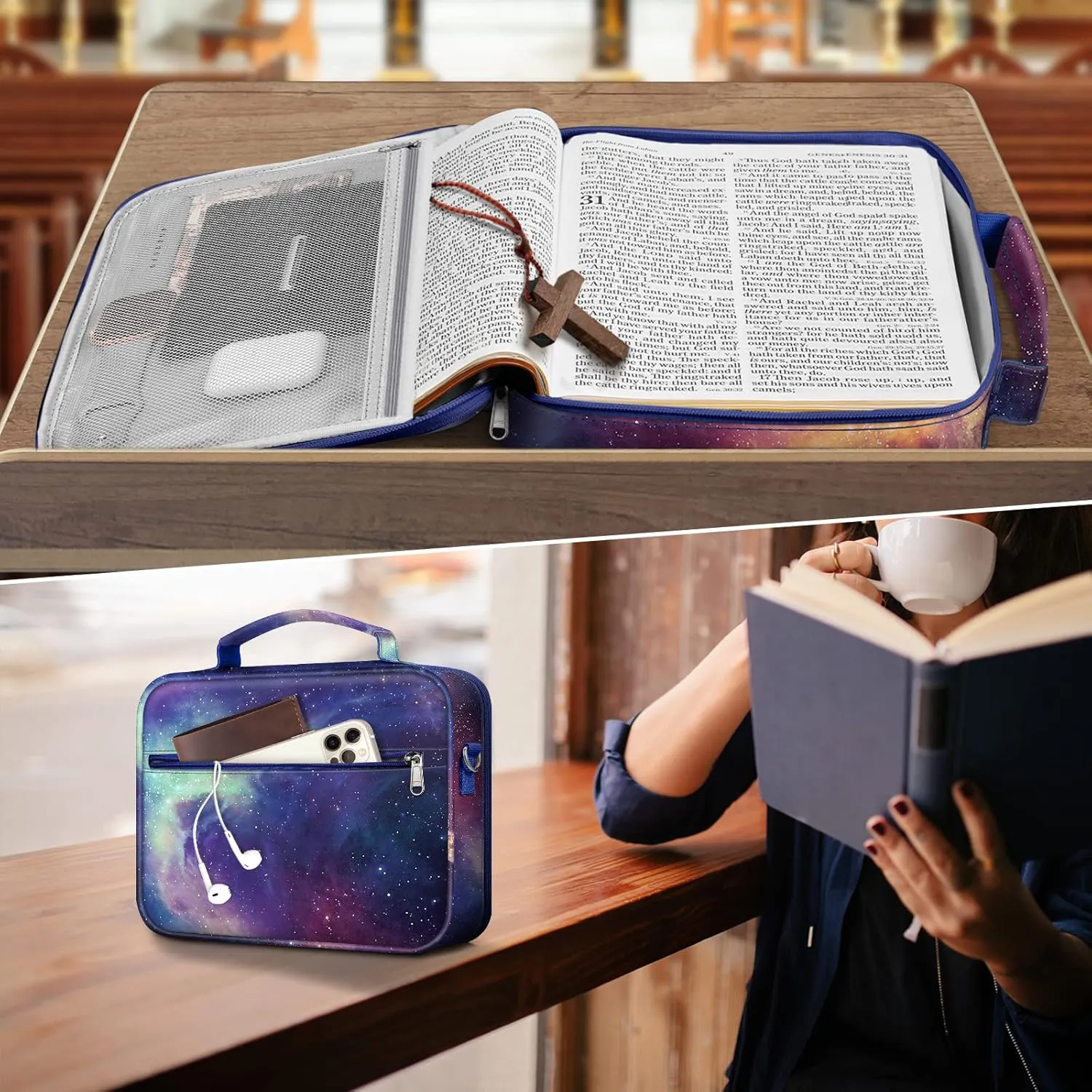 FINPAC Large Bible Cover w/Shoulder Strap, Carrying Book Case Church Bag Bible Protective w/Pen Slots and Zippered Pocket, Gift for Women Lady, Galaxy