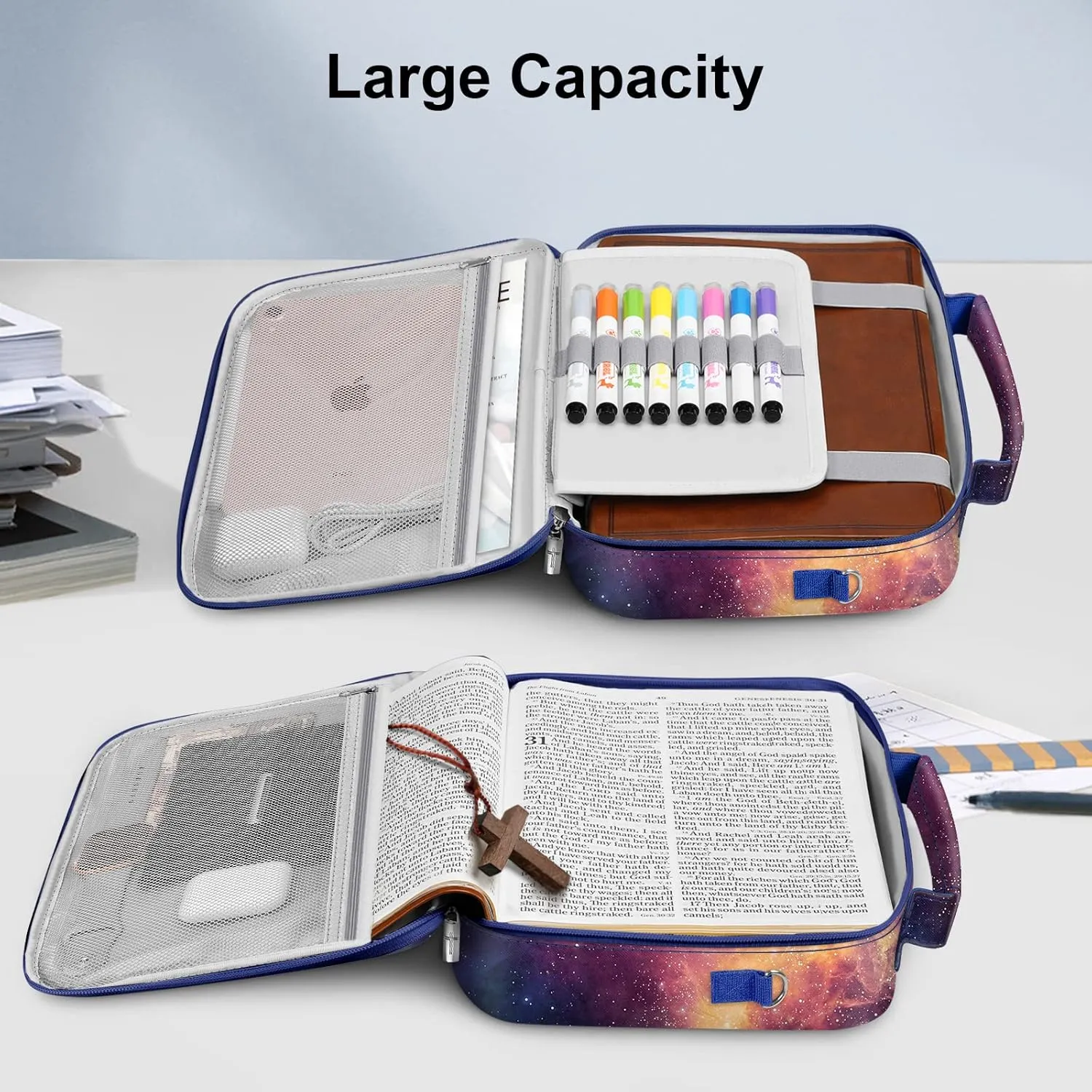 FINPAC Large Bible Cover w/Shoulder Strap, Carrying Book Case Church Bag Bible Protective w/Pen Slots and Zippered Pocket, Gift for Women Lady, Galaxy