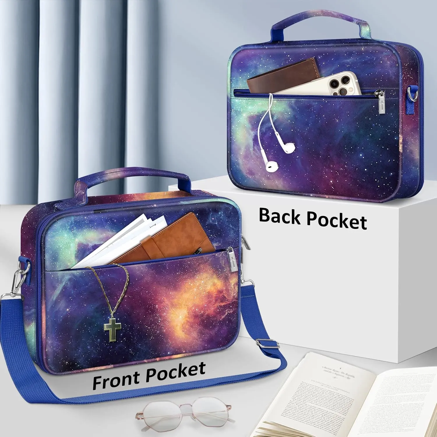 FINPAC Large Bible Cover w/Shoulder Strap, Carrying Book Case Church Bag Bible Protective w/Pen Slots and Zippered Pocket, Gift for Women Lady, Galaxy