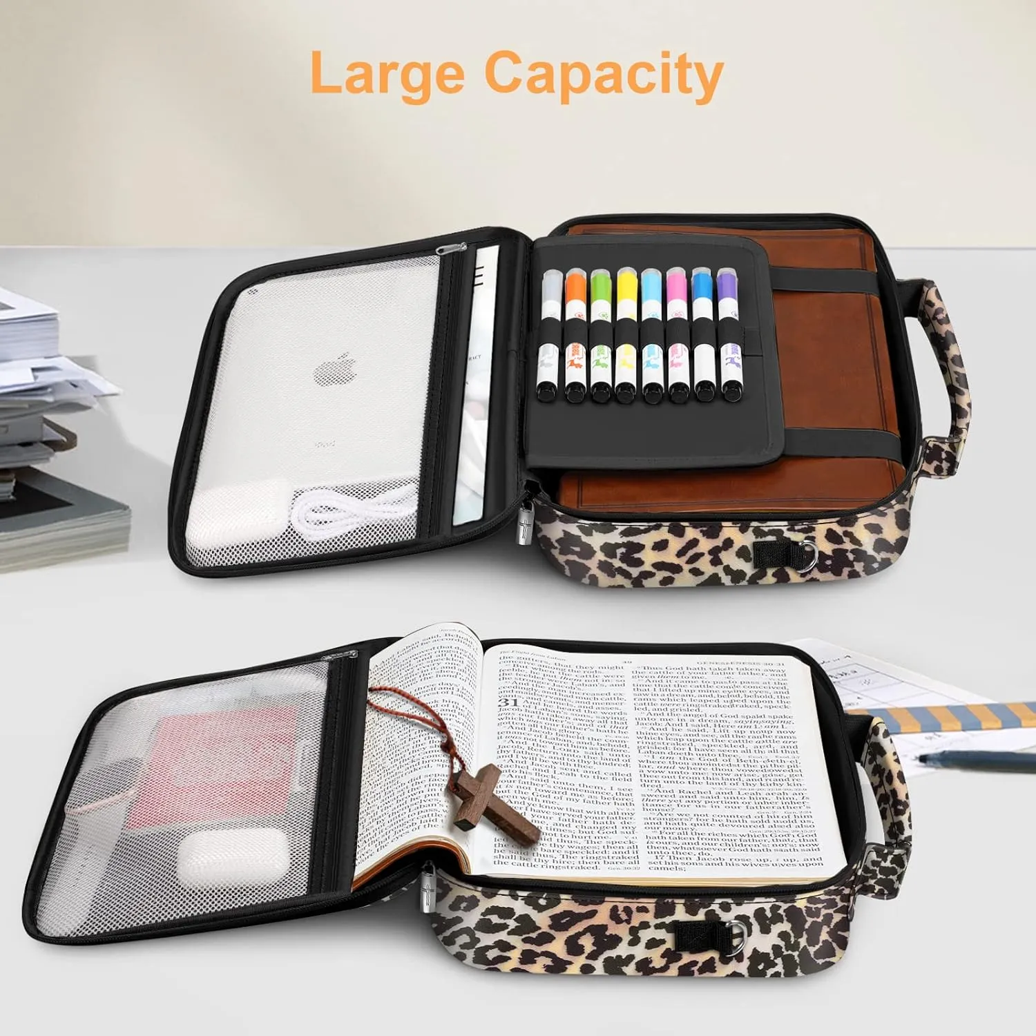 FINPAC Large Bible Cover w/Shoulder Strap, Carrying Book Case Church Bag Bible Protective w/Pen Slots and Zippered Pocket, Gift for Women Lady, Leopard