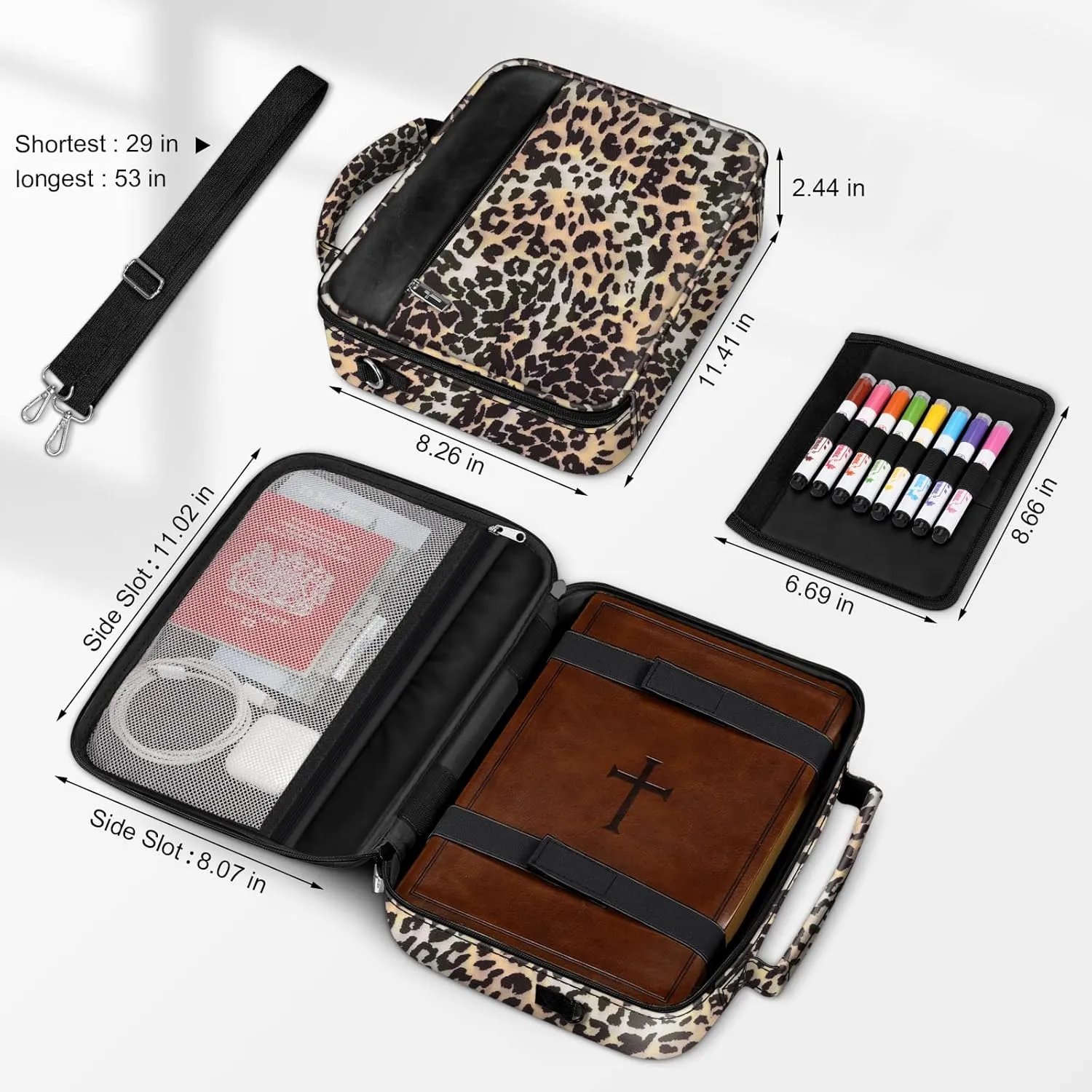 FINPAC Large Bible Cover w/Shoulder Strap, Carrying Book Case Church Bag Bible Protective w/Pen Slots and Zippered Pocket, Gift for Women Lady, Leopard