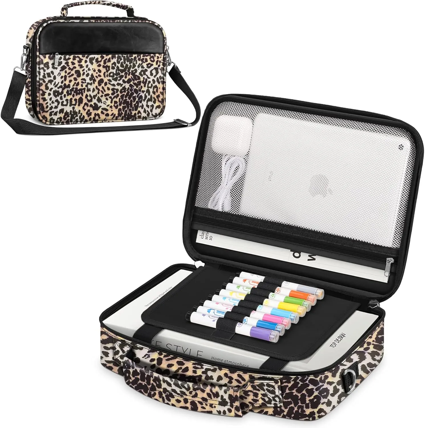 FINPAC Large Bible Cover w/Shoulder Strap, Carrying Book Case Church Bag Bible Protective w/Pen Slots and Zippered Pocket, Gift for Women Lady, Leopard