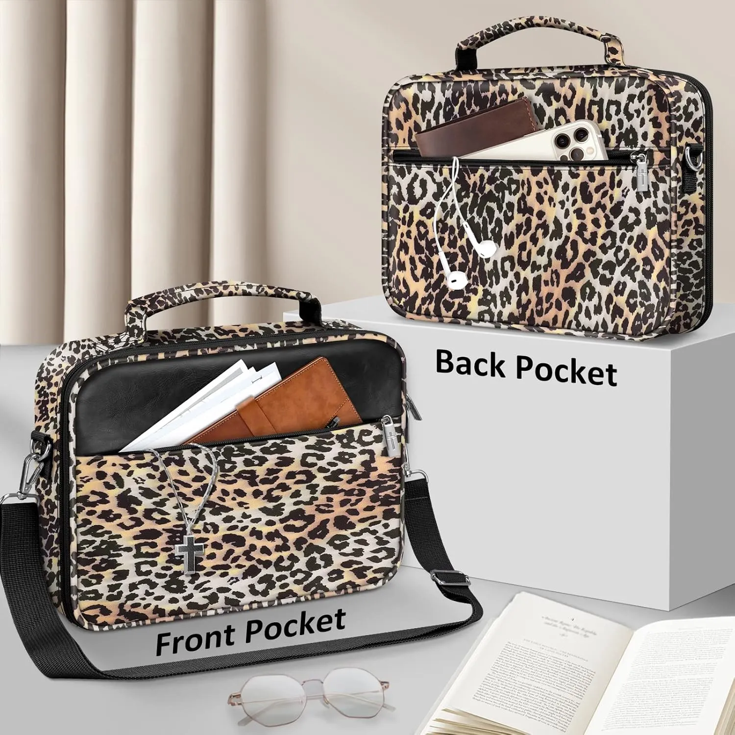 FINPAC Large Bible Cover w/Shoulder Strap, Carrying Book Case Church Bag Bible Protective w/Pen Slots and Zippered Pocket, Gift for Women Lady, Leopard
