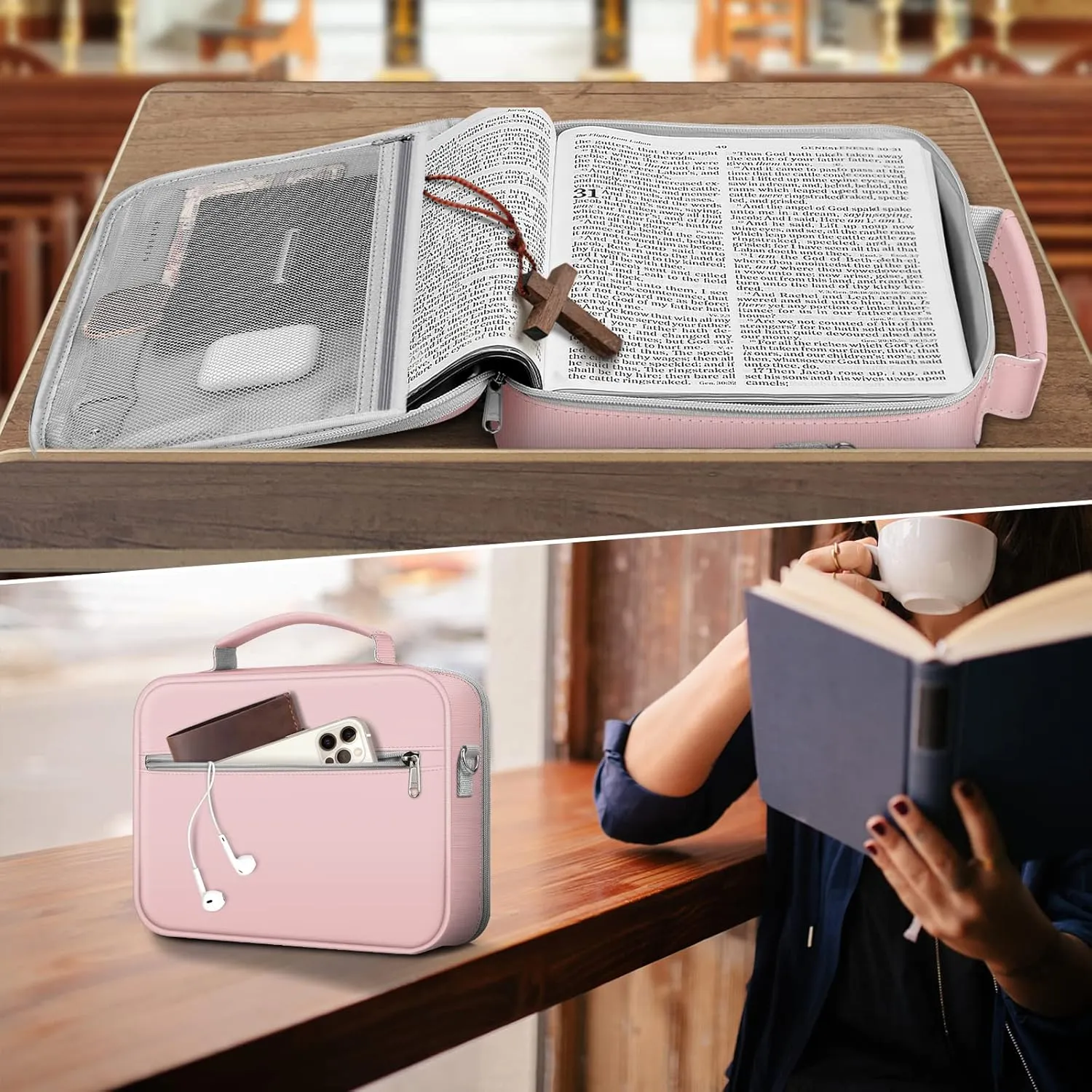 FINPAC Large Bible Cover w/Shoulder Strap, Carrying Book Case Church Bag Bible Protective w/Pen Slots and Zippered Pocket, Gift for Women Lady, Light Pink