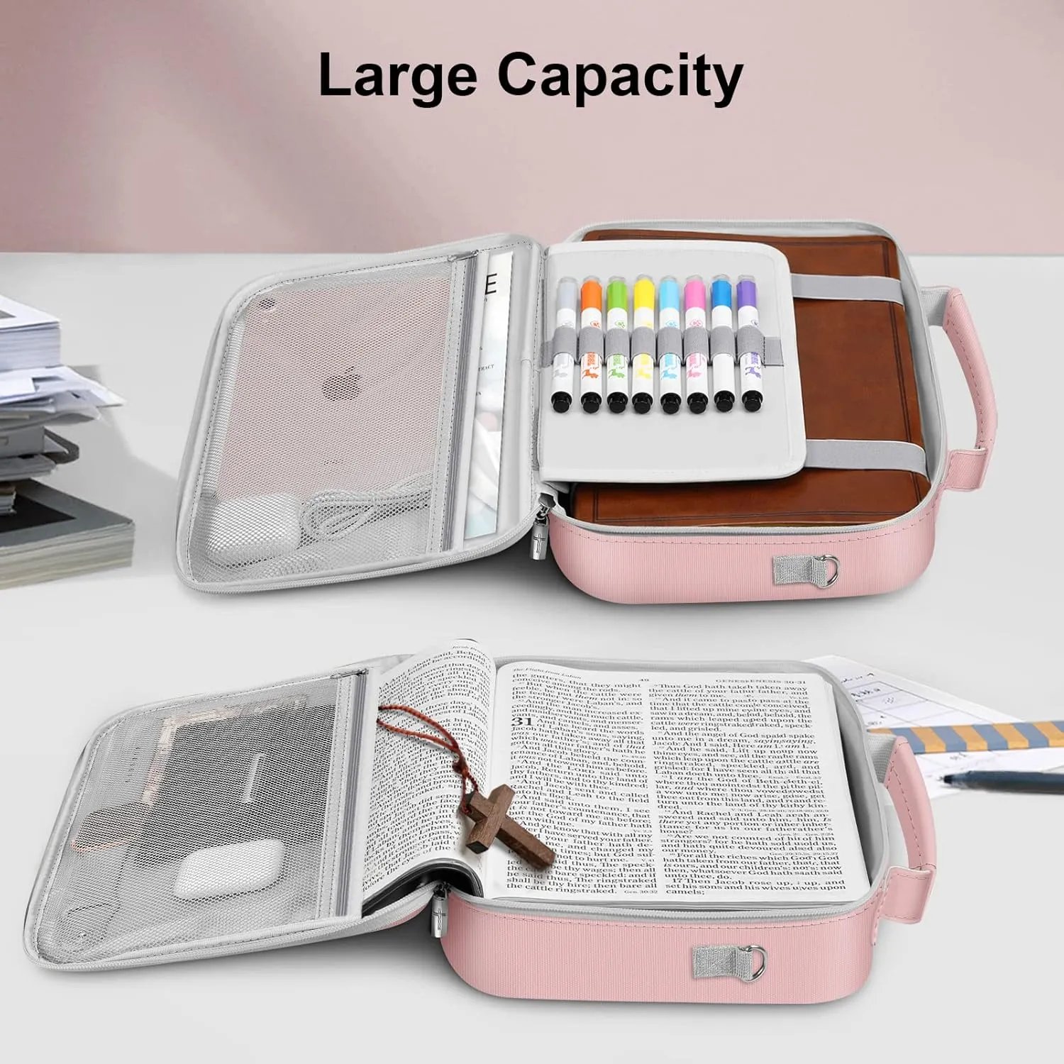 FINPAC Large Bible Cover w/Shoulder Strap, Carrying Book Case Church Bag Bible Protective w/Pen Slots and Zippered Pocket, Gift for Women Lady, Light Pink