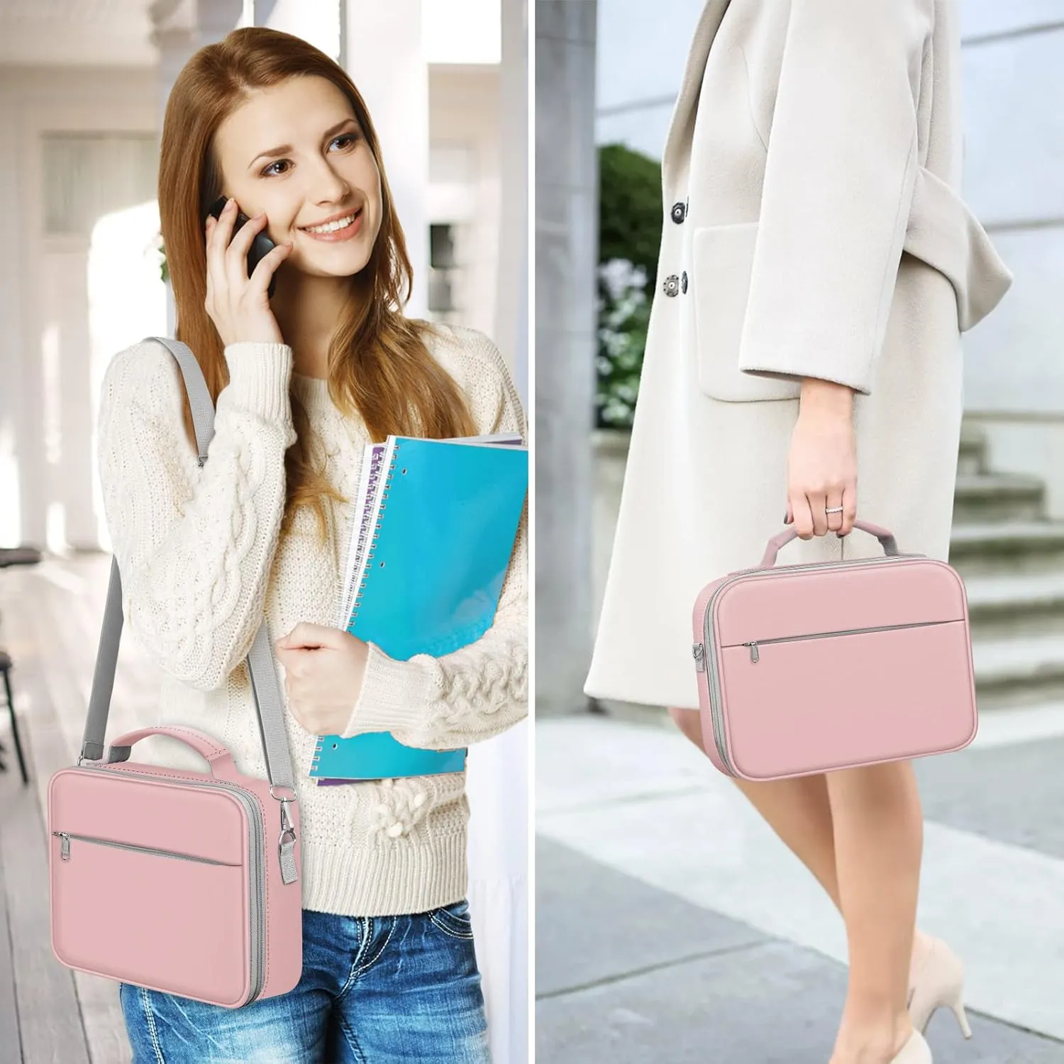 FINPAC Large Bible Cover w/Shoulder Strap, Carrying Book Case Church Bag Bible Protective w/Pen Slots and Zippered Pocket, Gift for Women Lady, Light Pink