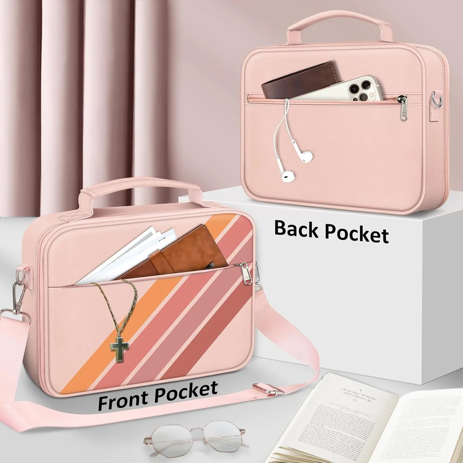 FINPAC Large Bible Cover w/Shoulder Strap, Carrying Book Case Church Bag Bible Protective w/Pen Slots and Zippered Pocket, Gift for Women Lady, Retro Stripes