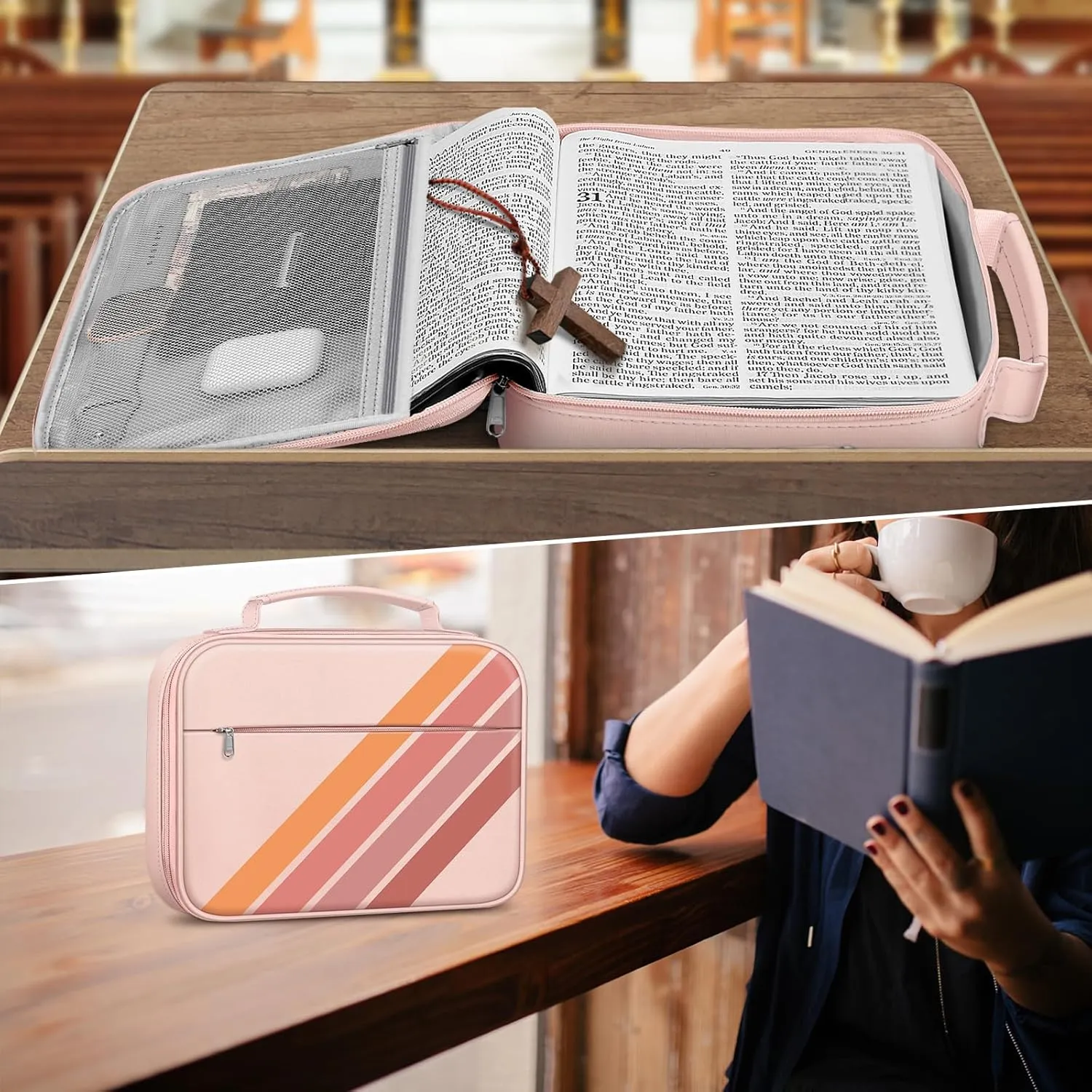 FINPAC Large Bible Cover w/Shoulder Strap, Carrying Book Case Church Bag Bible Protective w/Pen Slots and Zippered Pocket, Gift for Women Lady, Retro Stripes
