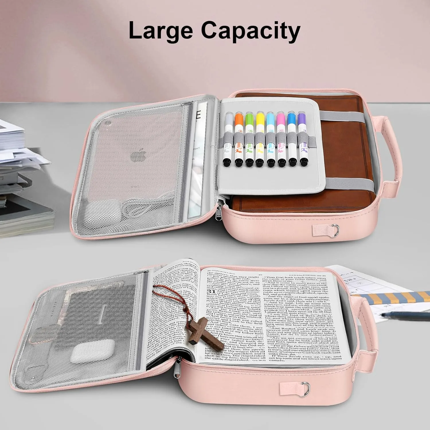 FINPAC Large Bible Cover w/Shoulder Strap, Carrying Book Case Church Bag Bible Protective w/Pen Slots and Zippered Pocket, Gift for Women Lady, Retro Stripes