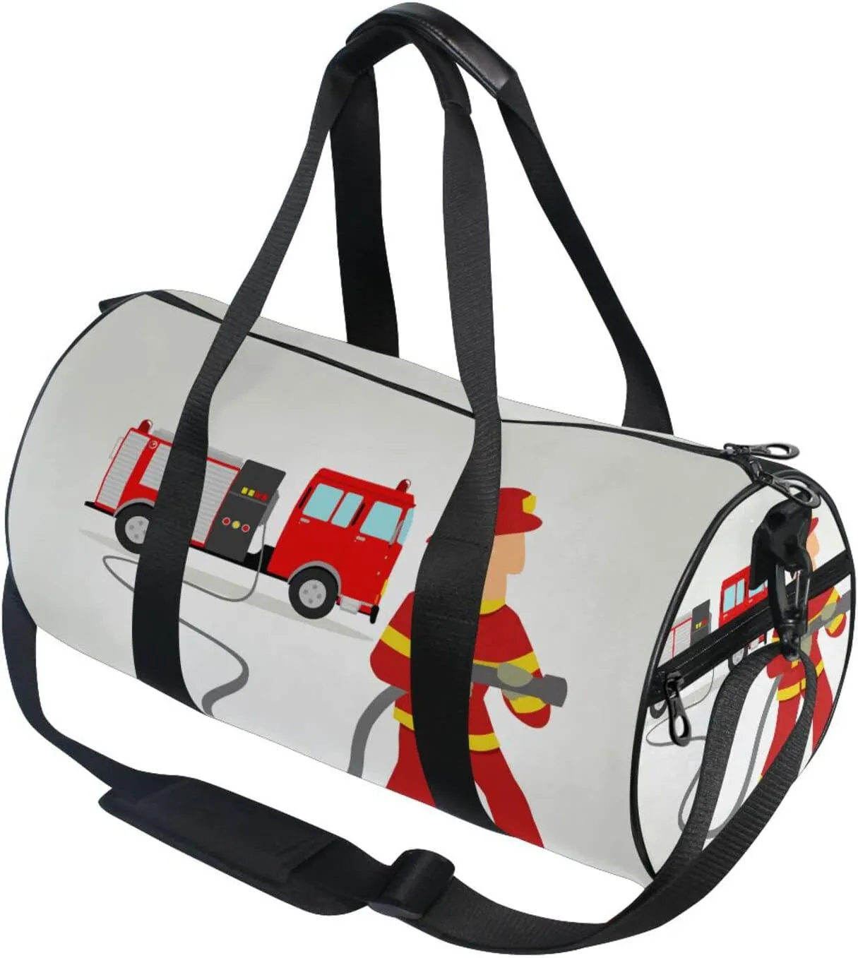Firefighter Dress in Red Car Cartoon Illustration Duffel Bag, Foldable Canvas Travel Tote for Gym Sports with Inner Pockets, Durable Lightweight Fitness Bag for Overnight Workout