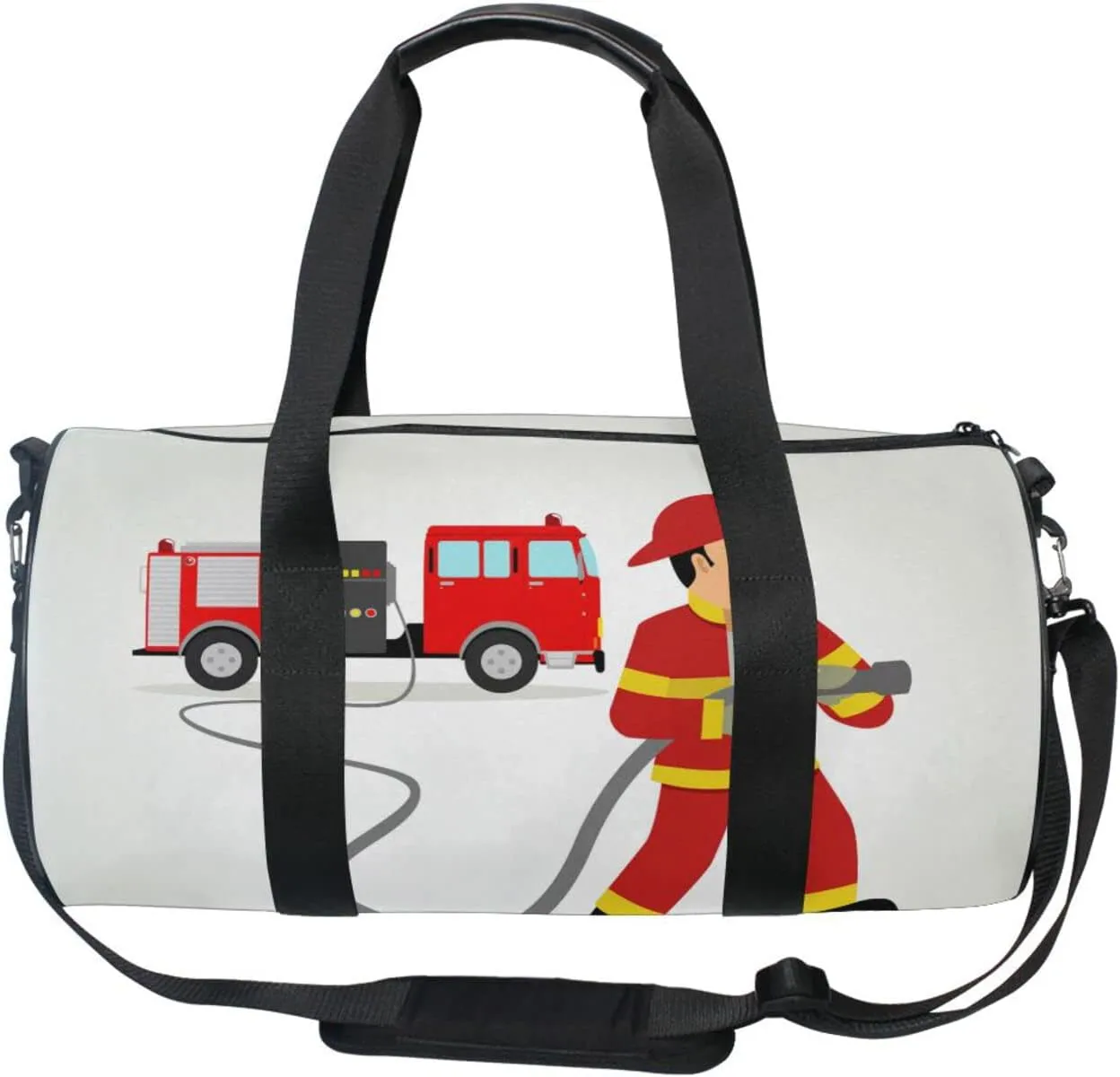 Firefighter Dress in Red Car Cartoon Illustration Duffel Bag, Foldable Canvas Travel Tote for Gym Sports with Inner Pockets, Durable Lightweight Fitness Bag for Overnight Workout