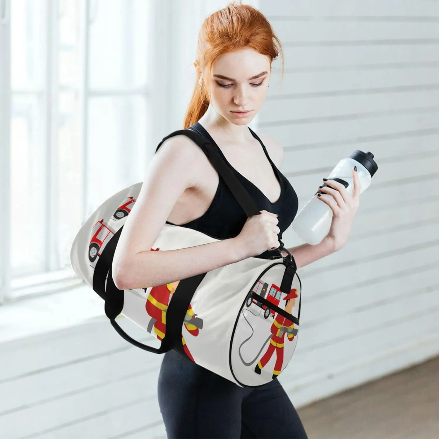 Firefighter Dress in Red Car Cartoon Illustration Duffel Bag, Foldable Canvas Travel Tote for Gym Sports with Inner Pockets, Durable Lightweight Fitness Bag for Overnight Workout